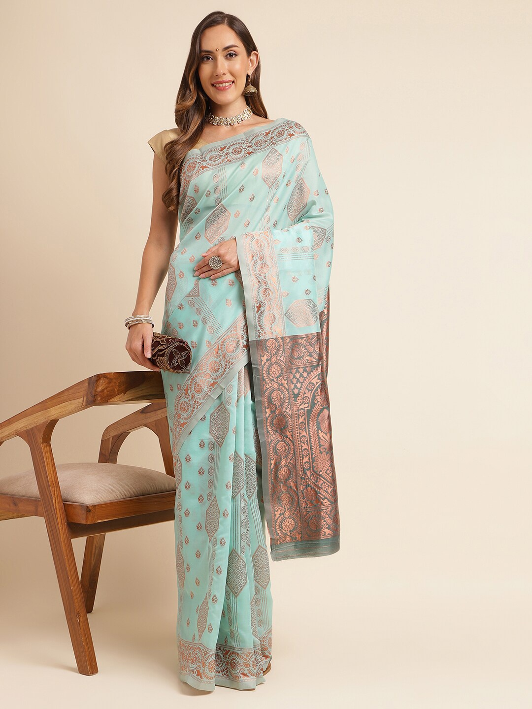 

KALINI Ethnic Motifs Woven Design Zari Kanjeevaram Saree, Green