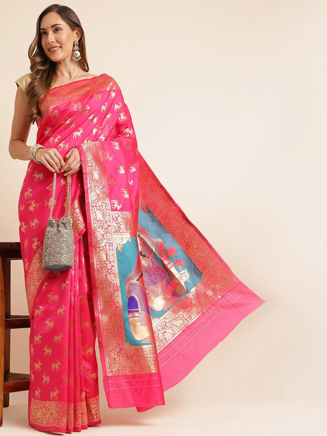 

KALINI Pink & Blue Ethnic Motifs Woven Design Zari Silk Blend Kanjeevaram Saree