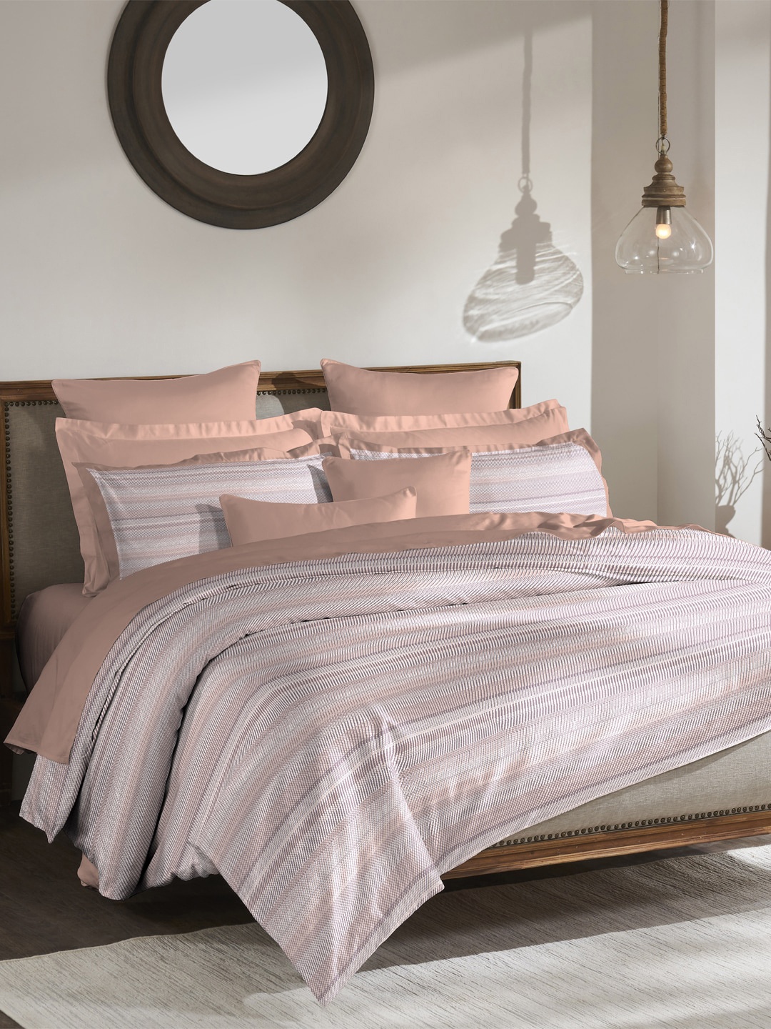 

MYTRIDENT Beige Striped 180 TC Pure Cotton Double King Bedding Set