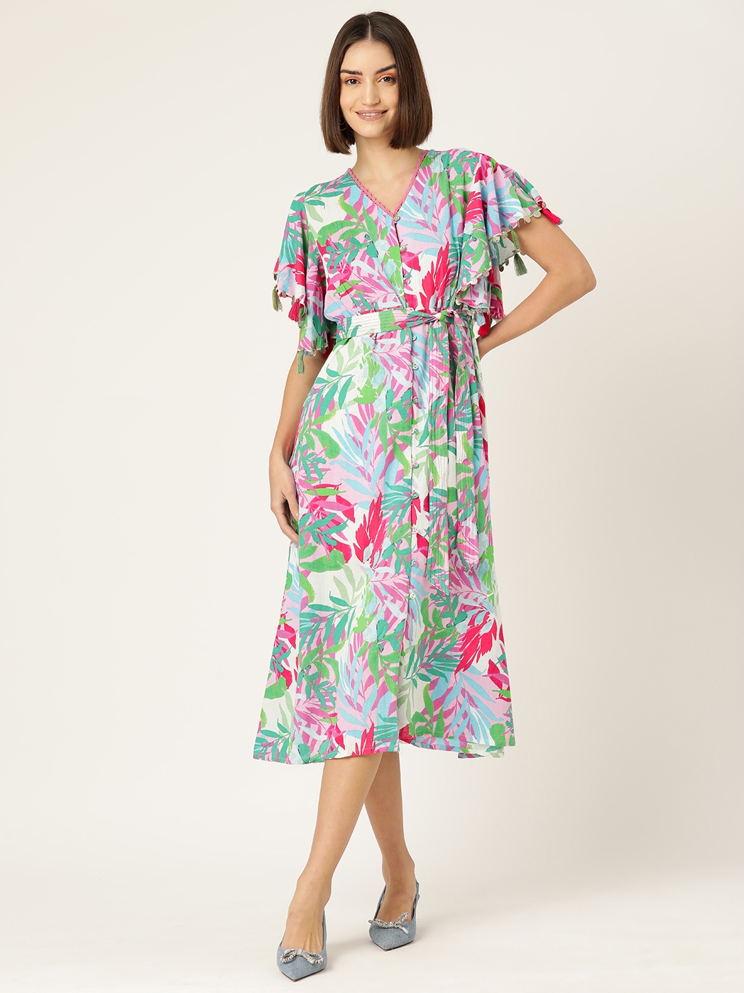 

MISRI Floral Print Flared Sleeve A-Line Midi Dress, Multi