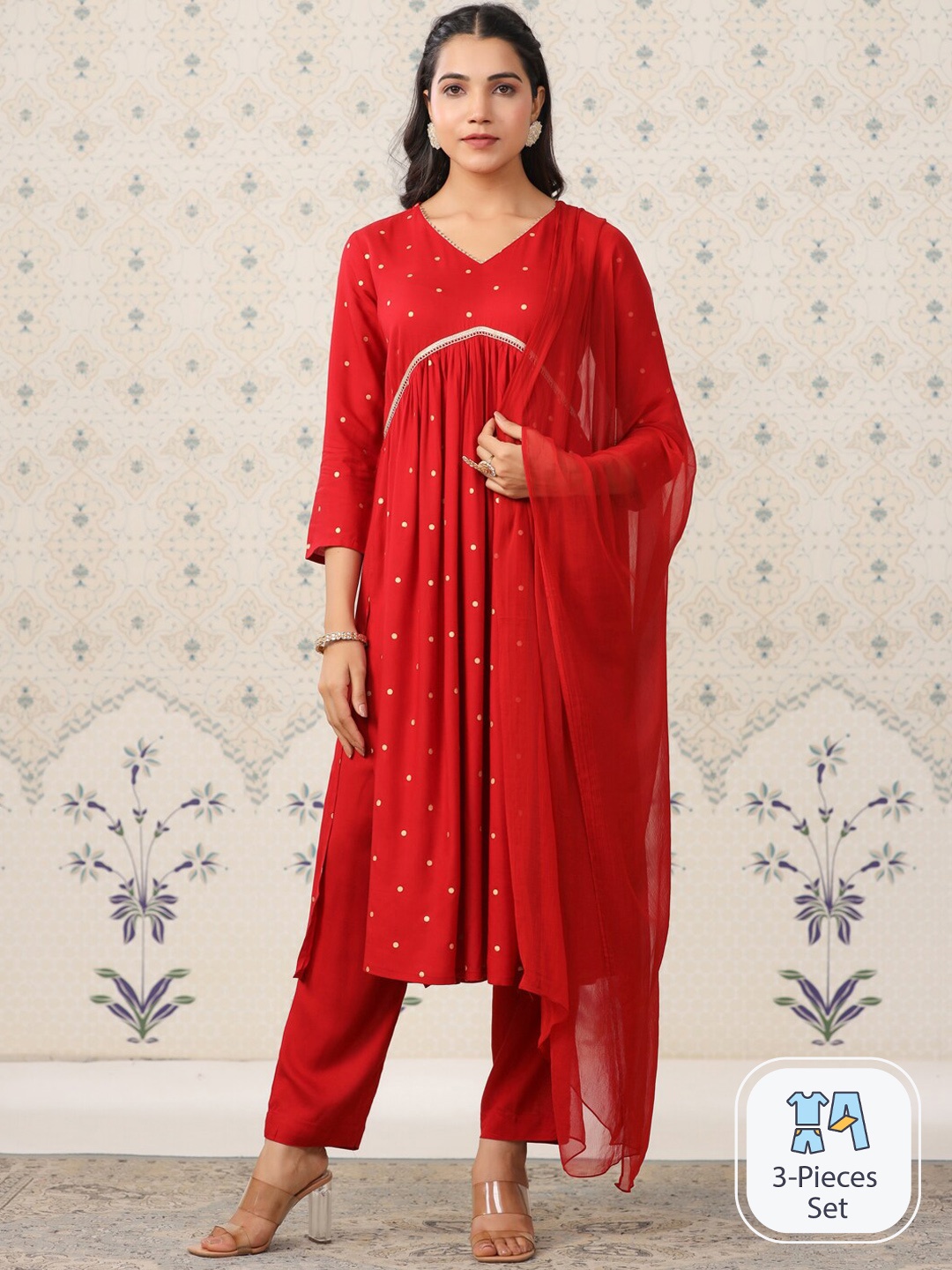 

Ode by House of Pataudi Geometric Printed Gotta Patti Kurta With Trousers & Dupatta, Maroon