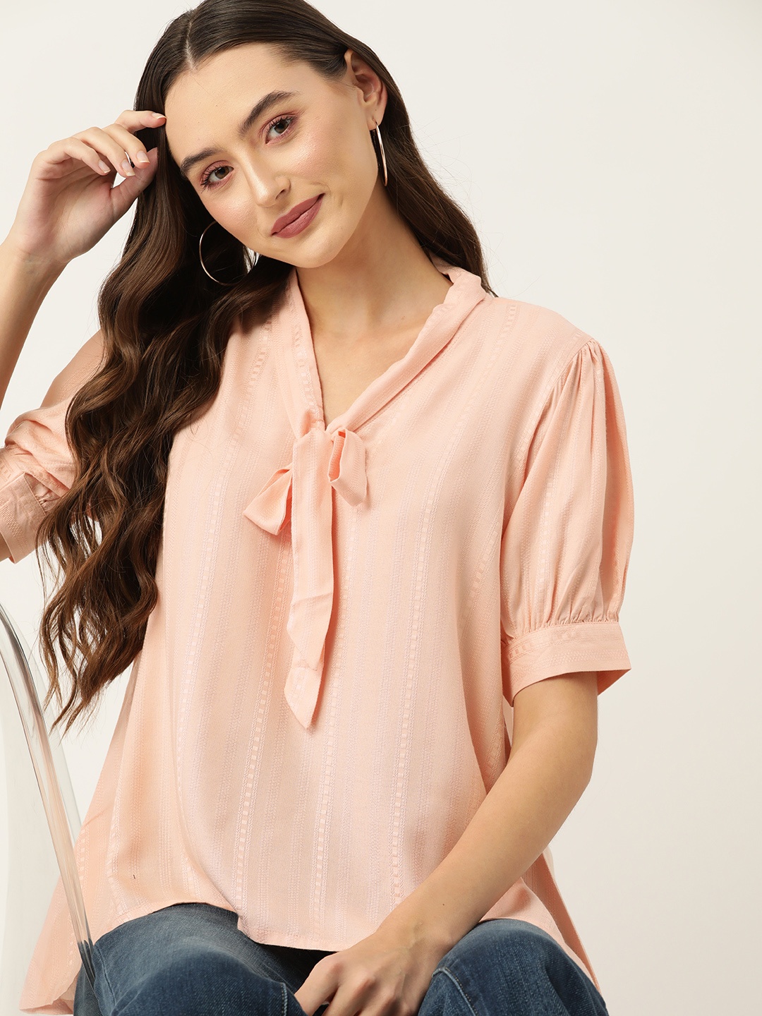 

DressBerry Tie-Up Neck Puff Sleeve Top, Pink