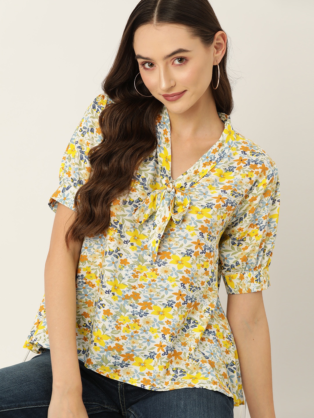 

DressBerry Floral Print Tie-Up Neck Puff Sleeve Top, White