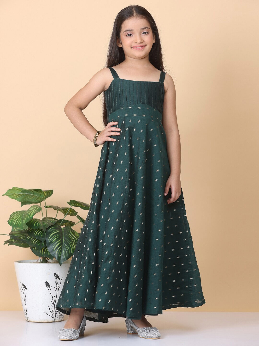 

Ethnovog Girls Self Design Shoulder Straps Silk Maxi Dress, Green