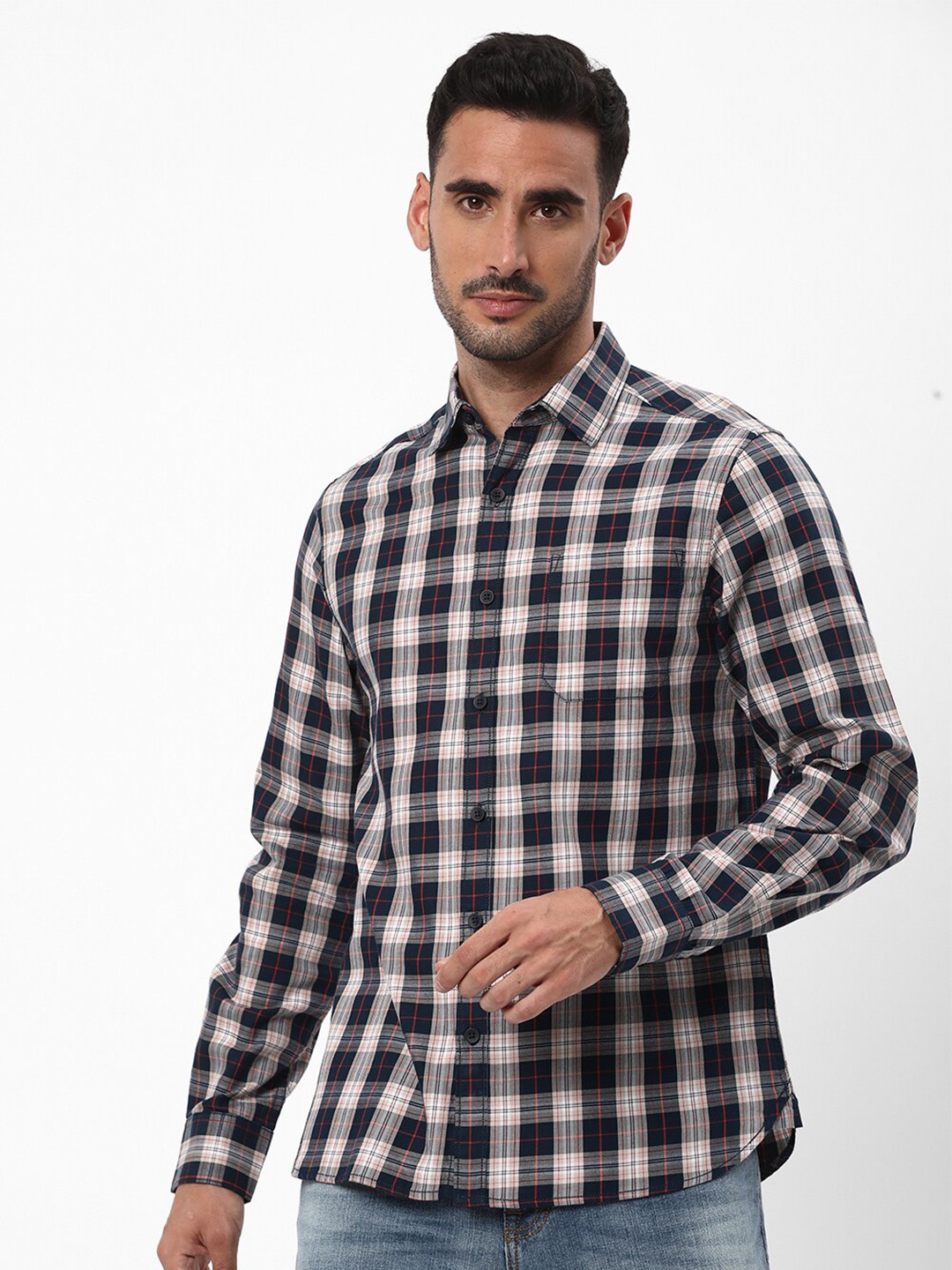 

R&B Tartan Checks Spread Collar Cotton Casual Shirt, Blue