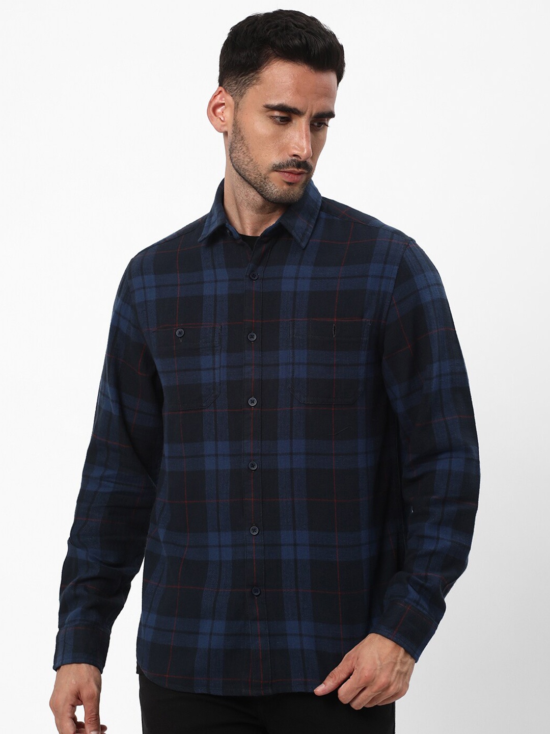 

R&B Tartan Checks Spread Collar Cotton Casual Shirt, Blue
