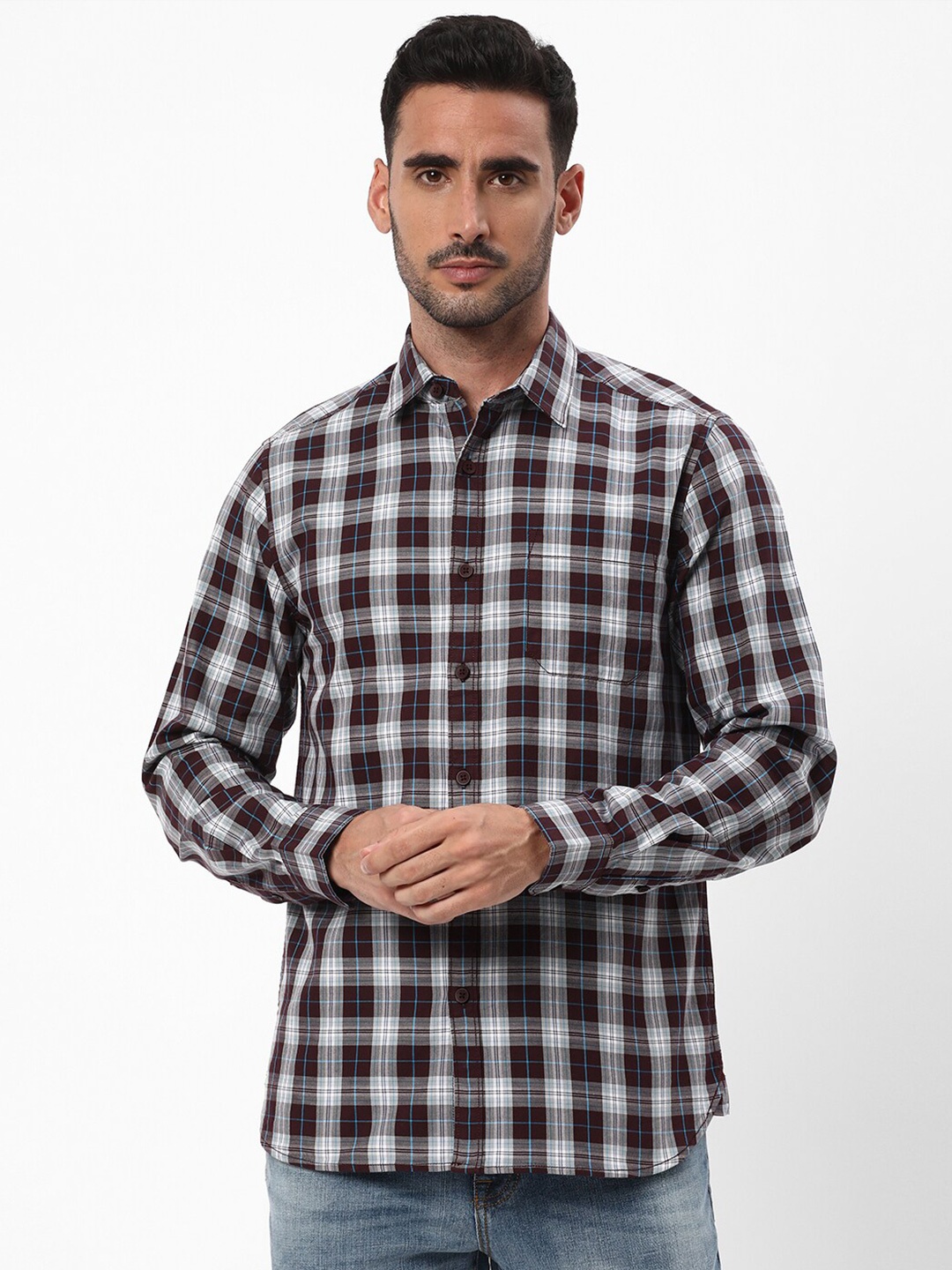 

R&B Tartan Checks Spread Collar Cotton Casual Shirt, Maroon