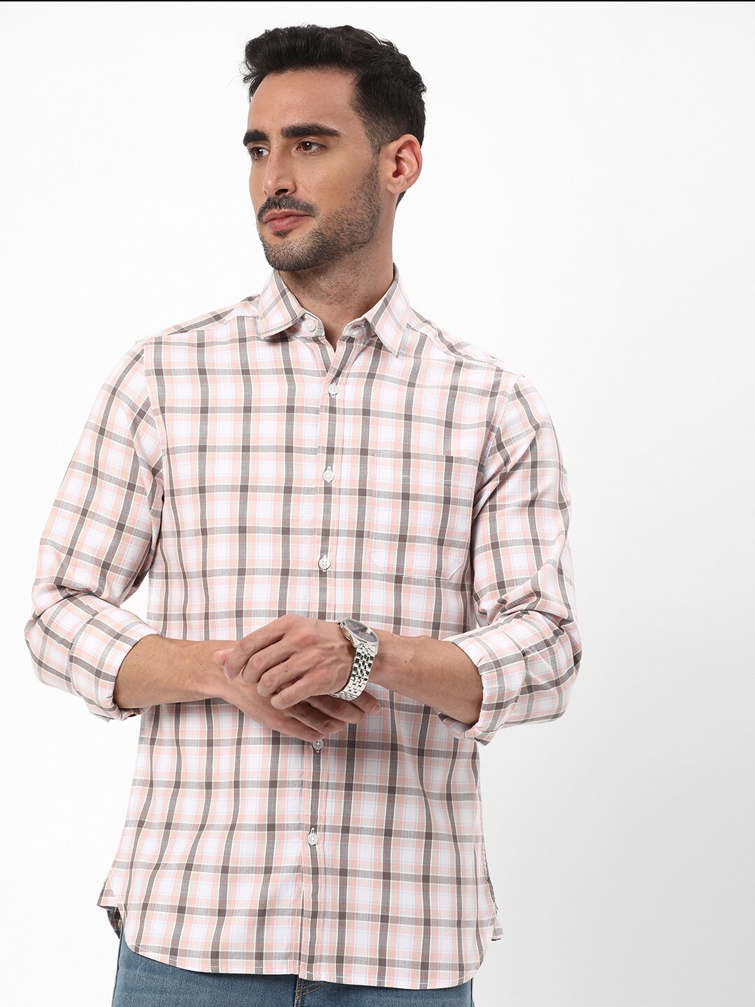 

R&B Tartan Checks Spread Collar Cotton Casual Shirt, White