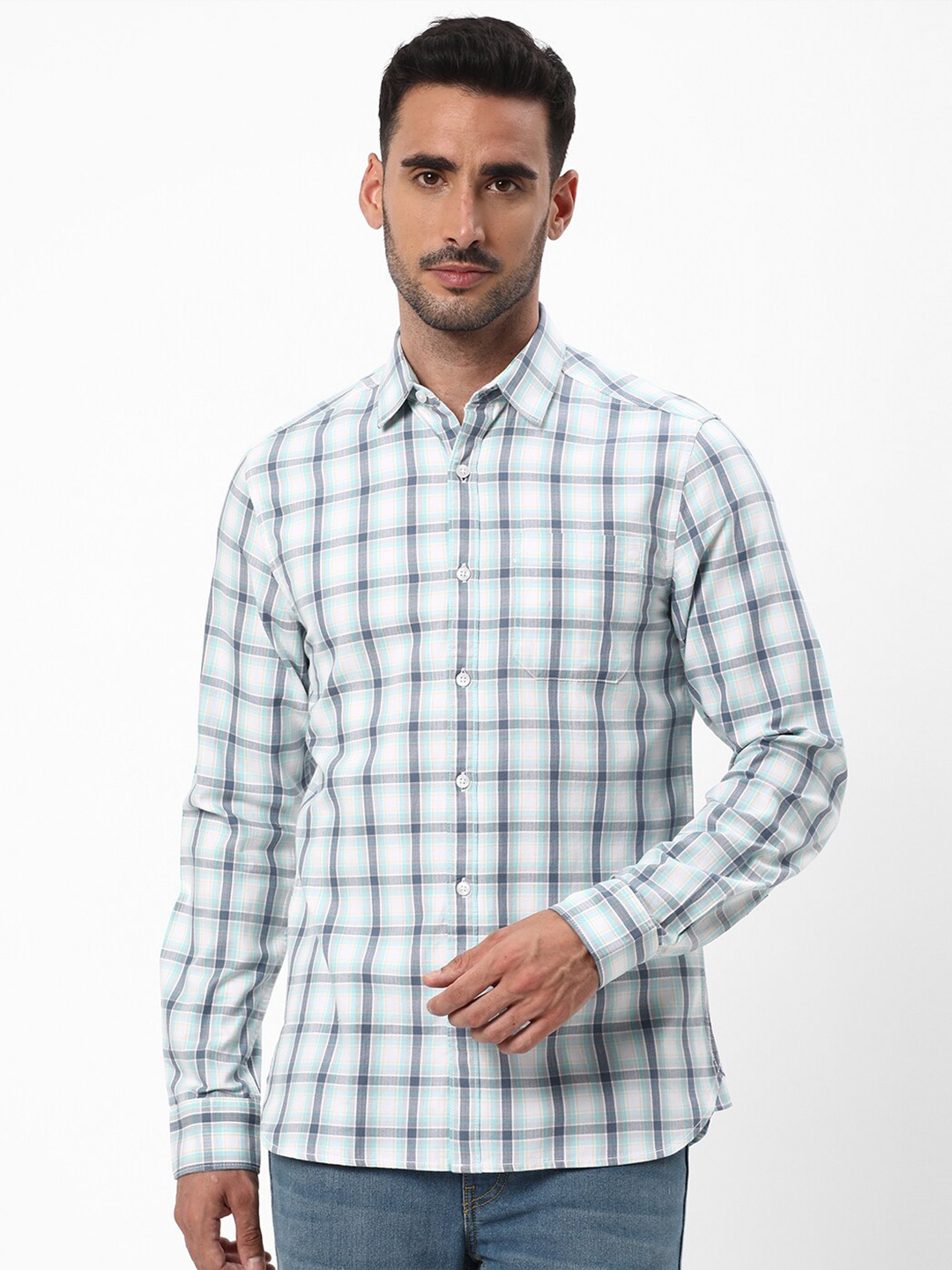 

R&B Tartan Checks Spread Collar Cotton Casual Shirt, White