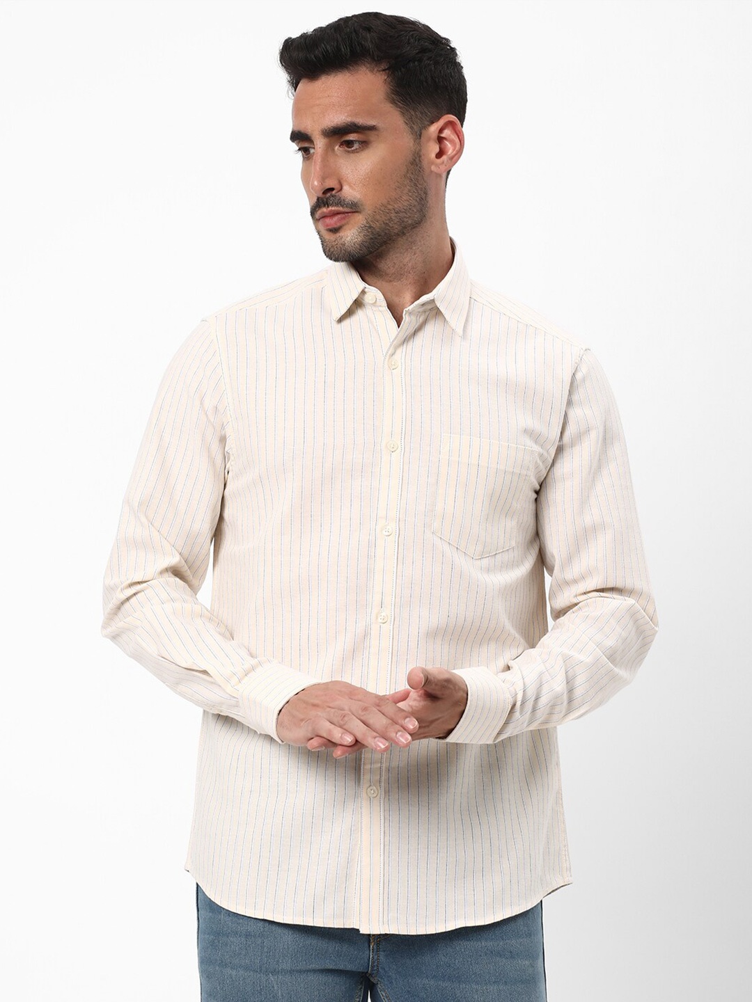 

R&B Striped Spread Collar Cotton Casual Shirt, Yellow