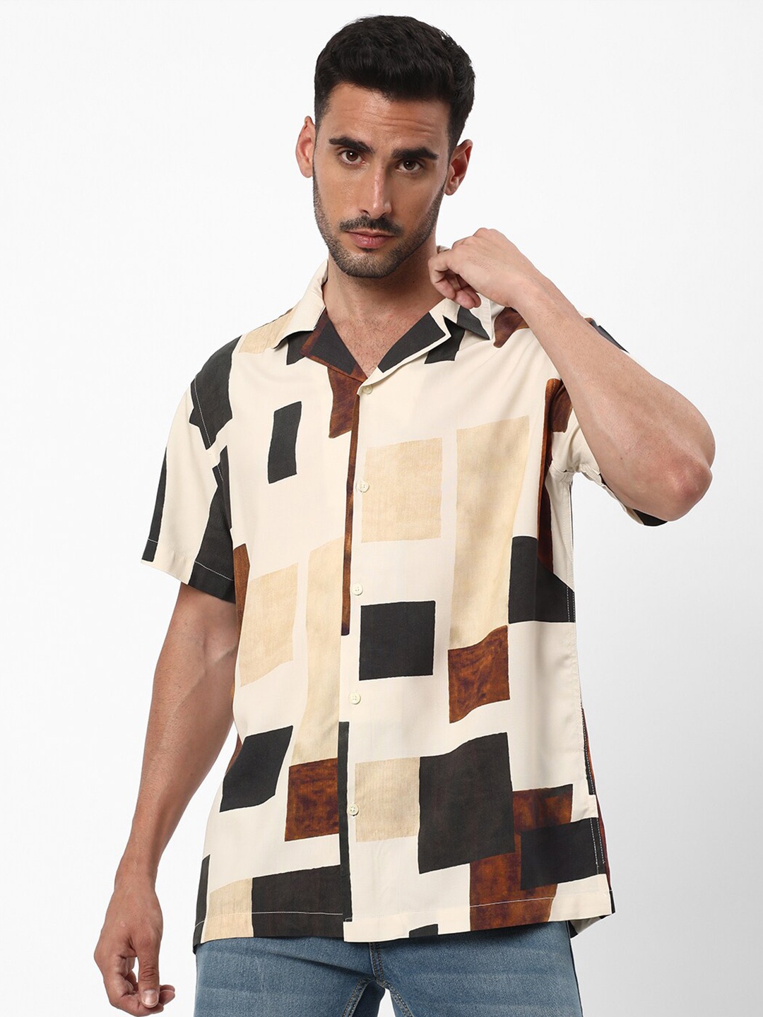 

R&B Cuban Collar Geometric Printed Casual Shirt, Beige