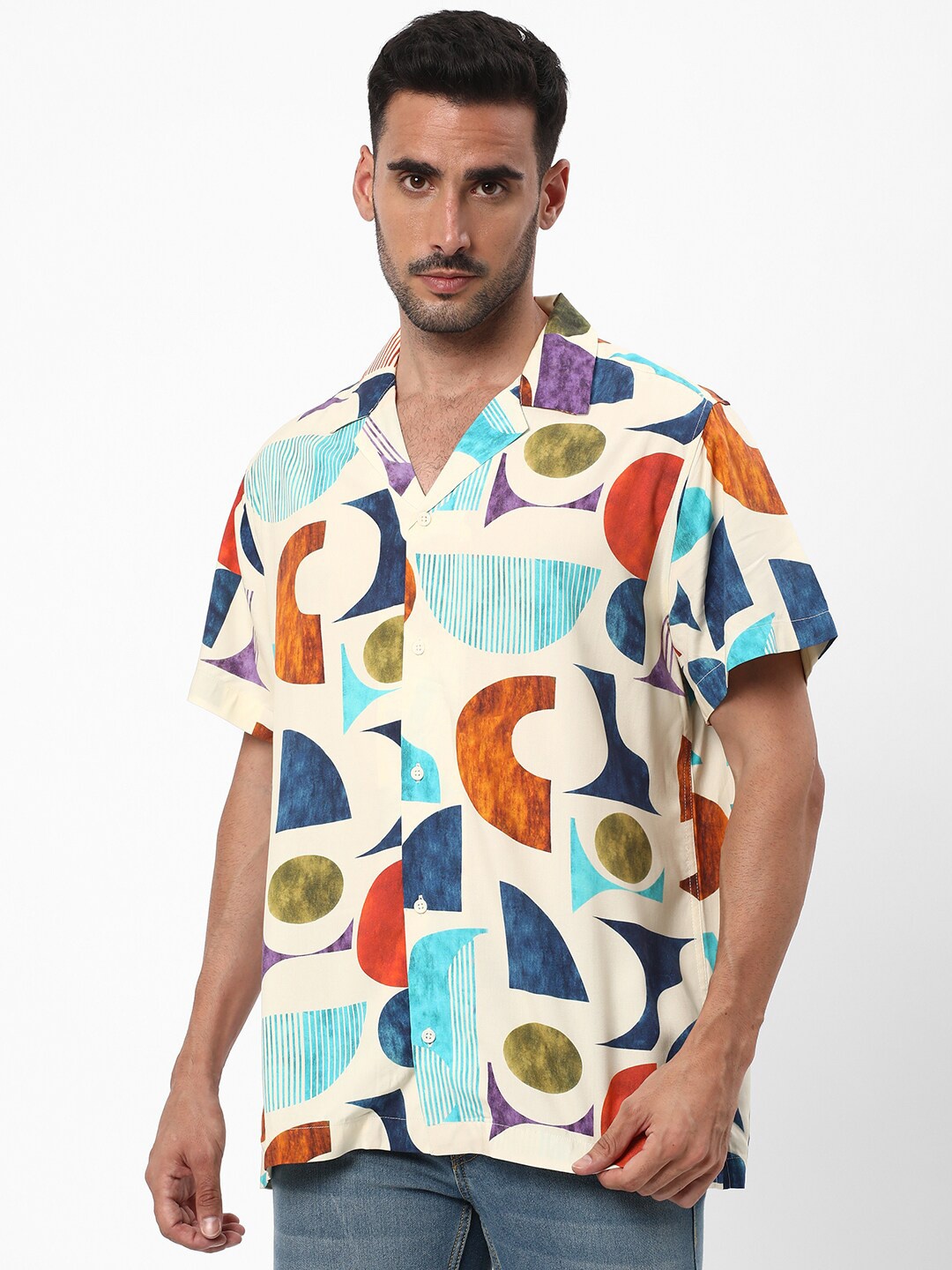 

R&B Geometric Printed Cuban Collar Casual Shirt, Beige