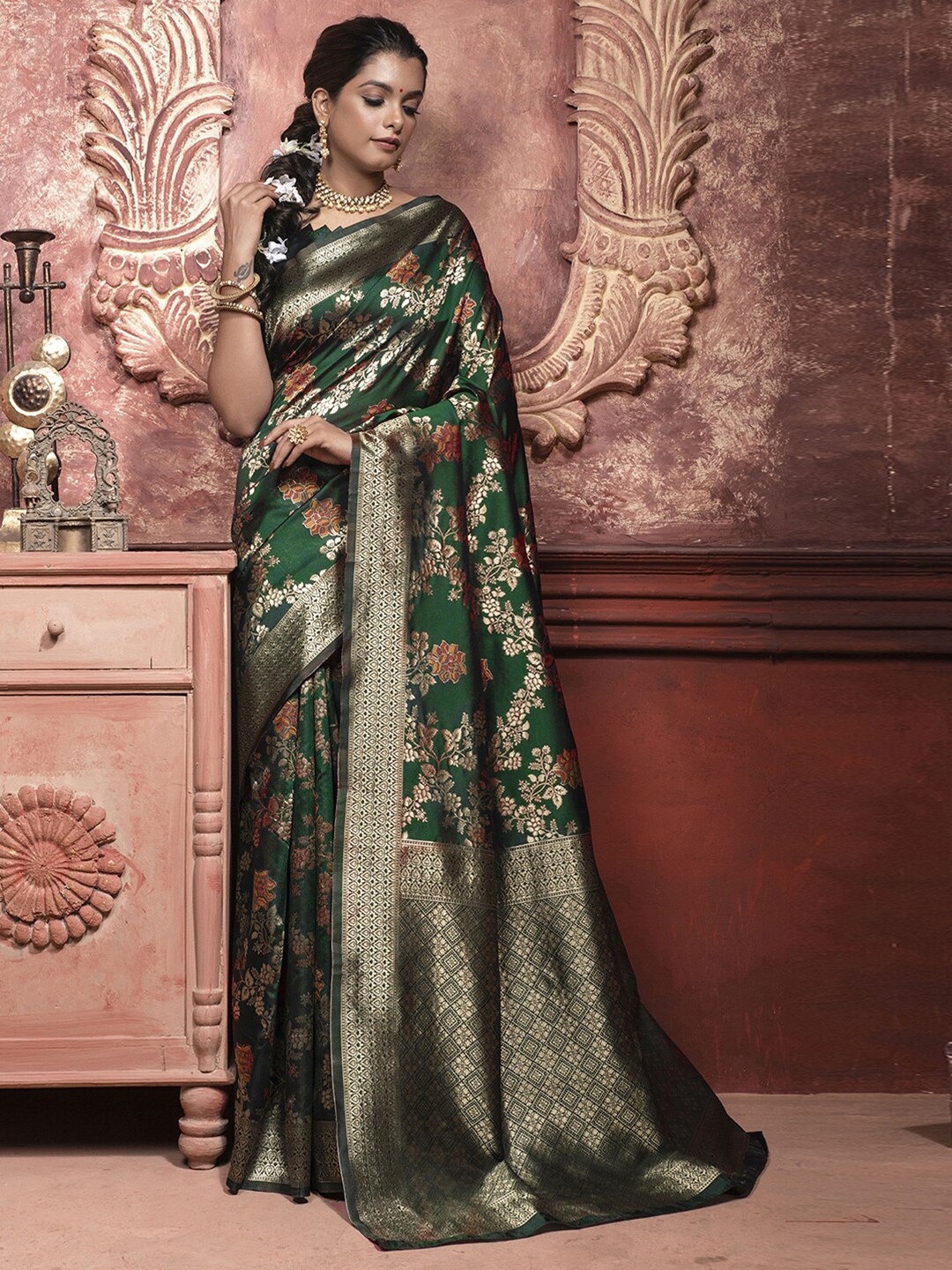 

Mitera Green & Red Floral Woven Design Zari Jacquard Saree