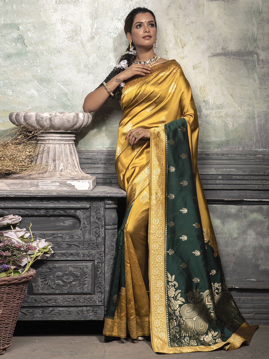 

Mitera Mustard & Green Paisley Woven Design Zari Jacquard Saree
