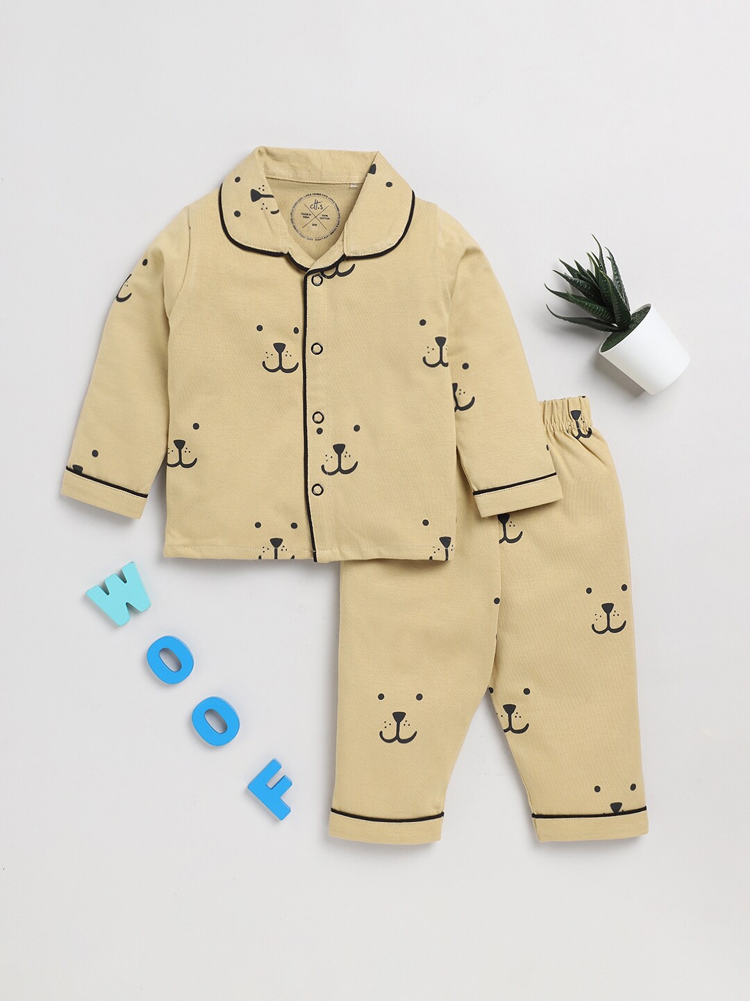 

Clt.s Unisex Kids Conversational Printed Pure Cotton Shirt & Trousers, Beige