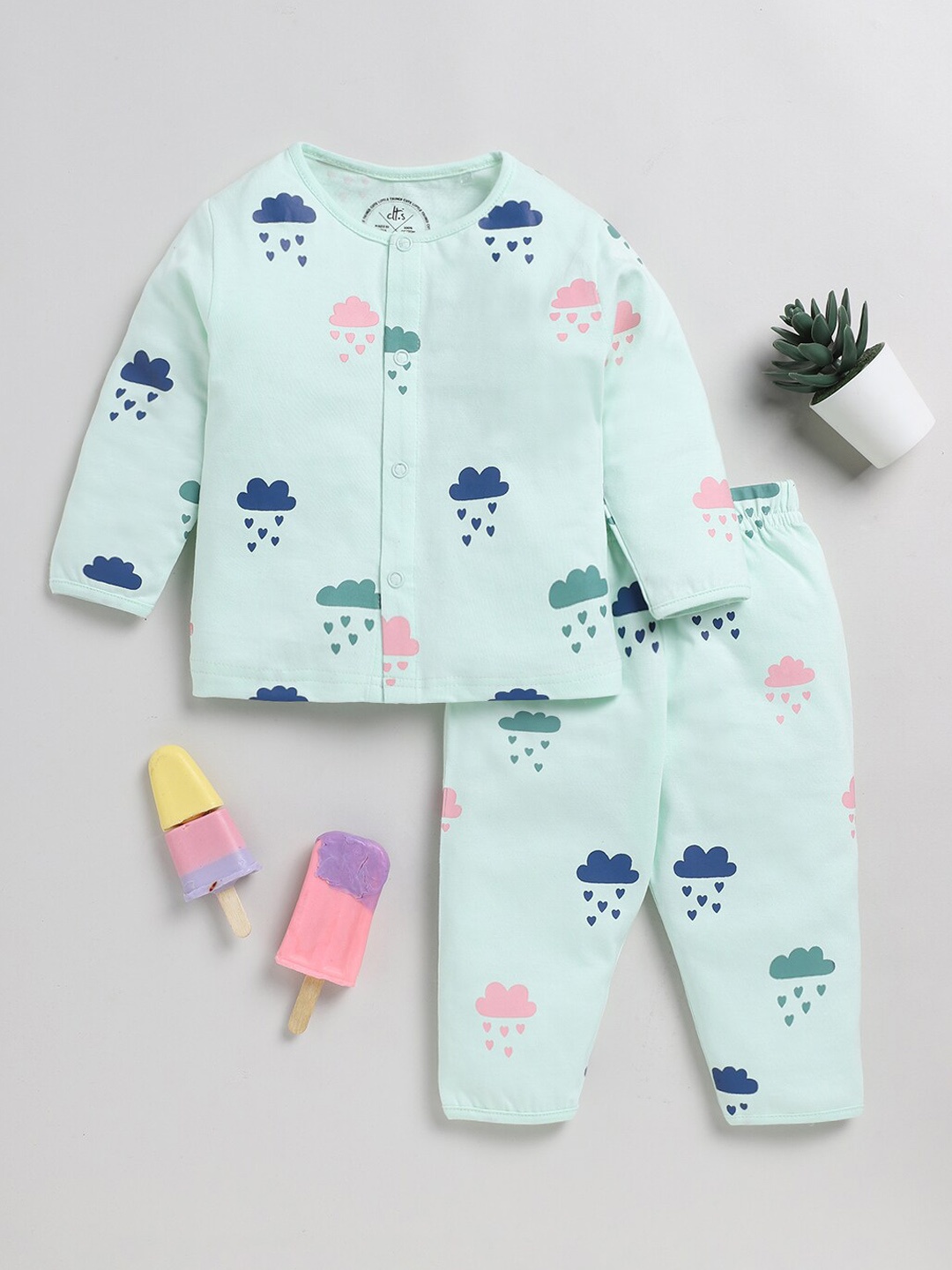 

Clt.s Infants Printed Cotton Shirt And Pyjamas Night Suit, Sea green