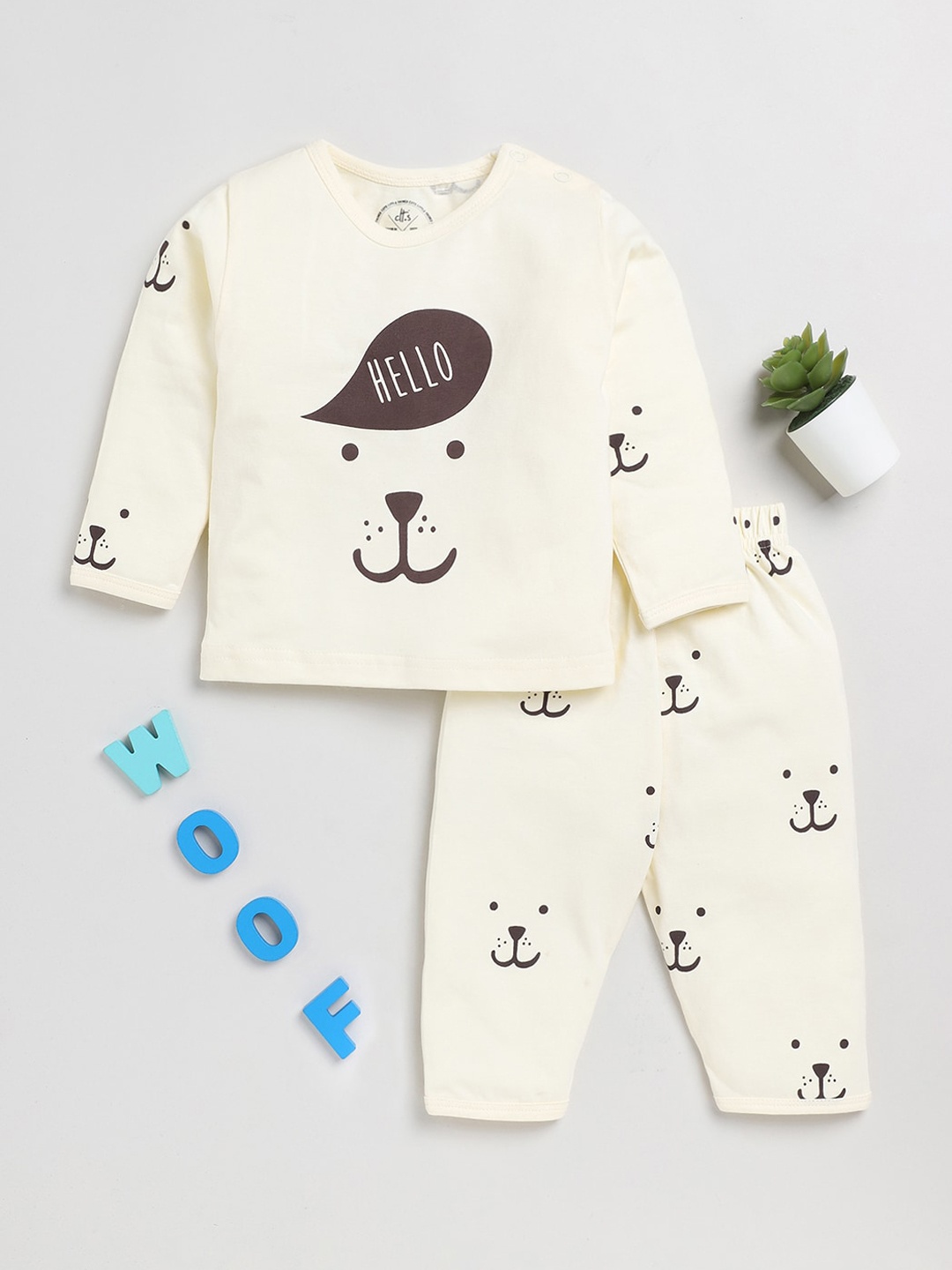 

Clt.s Infants Printed Cotton Top And Pyjamas Night Suit, Cream