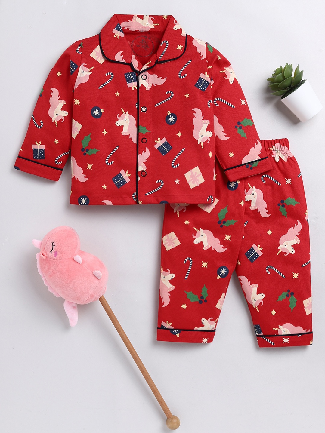

Clt.s Unisex Kids Conversational Printed Pure Cotton Shirt & Trousers, Red