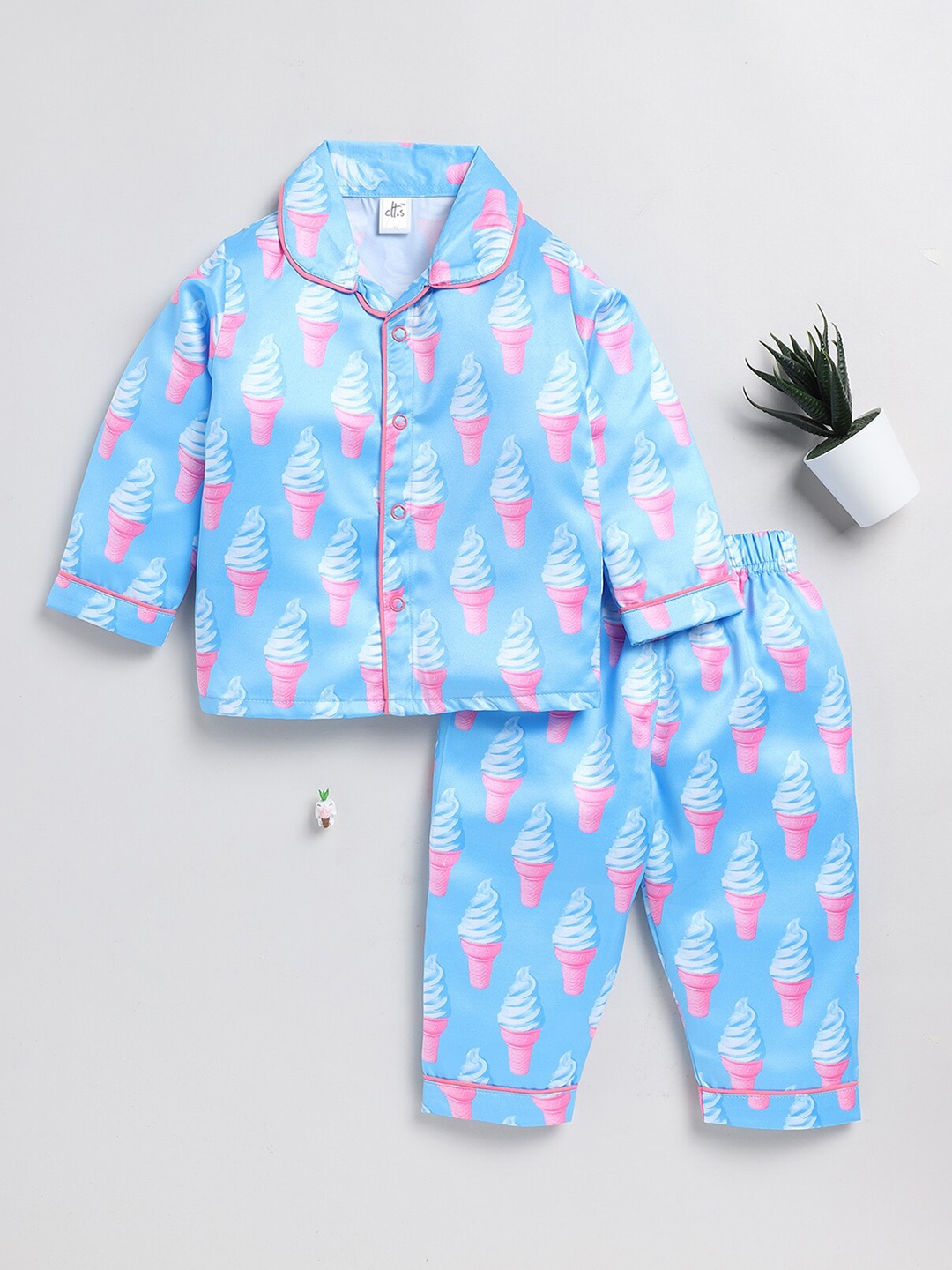 

Clt.s Infants Conversational Printed Satin Night suit, Blue