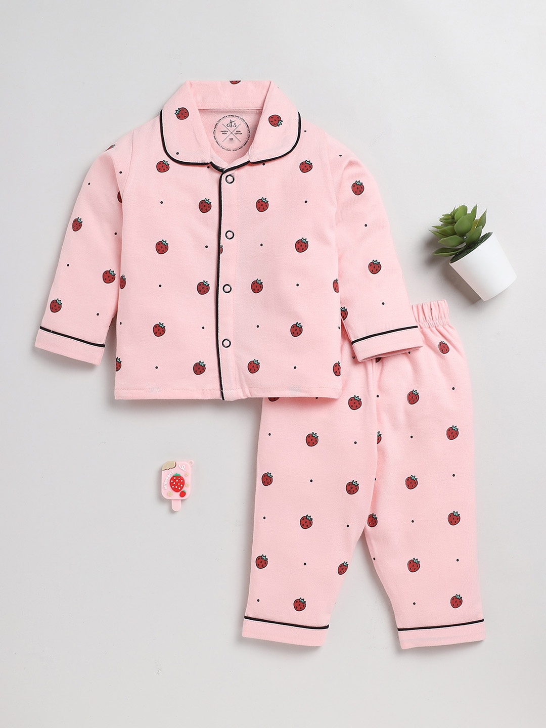 

Clt.s Infants Conversational Printed Lapel Collar Pure Cotton Night suit, Pink