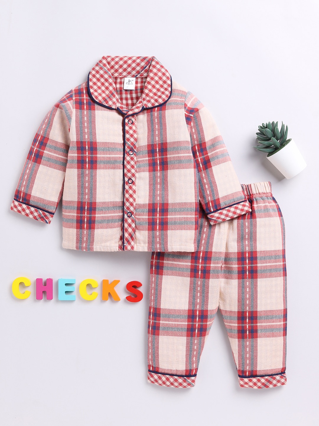 

Clt.s Kids Checked Pure Cotton Night suit, Beige