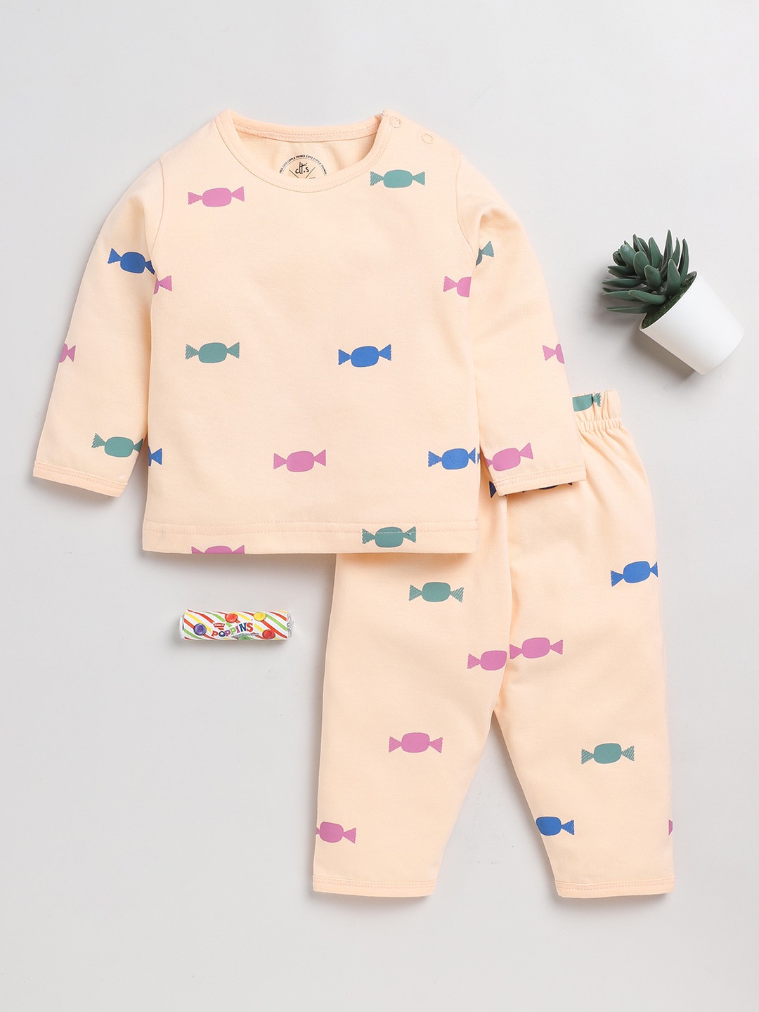 

Clt.s Infant Kids Conversational Printed Pure Cotton Night suit, Peach
