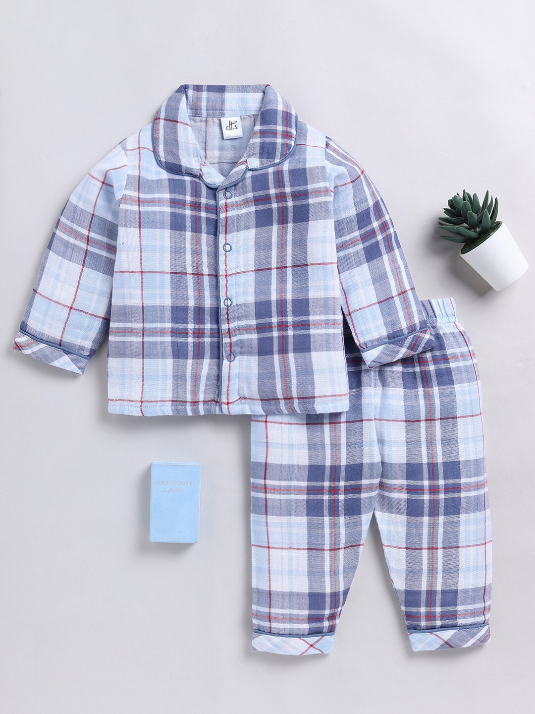 

Clt.s Infant Kids Checked Pure Cotton Night Suit, Blue
