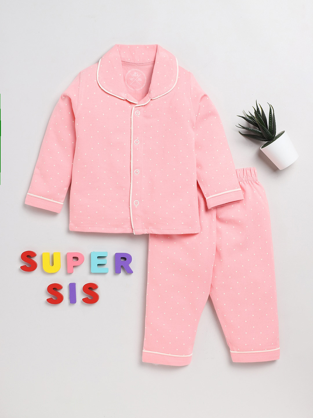 

Clt.s Unisex Kids Polka Dots Printed Pure Cotton Night Suit, Pink
