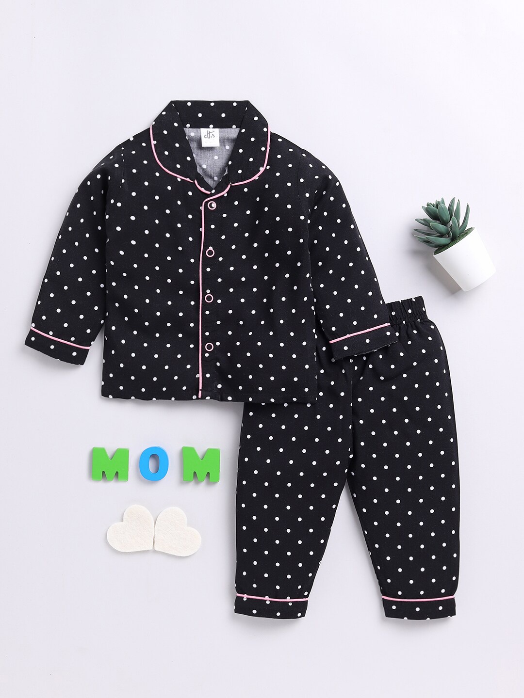 

Clt.s Kids Polka Dots Printed Night Suit, Black