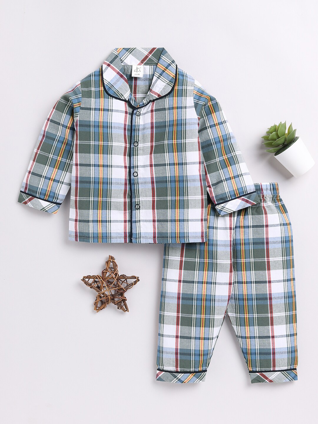 

Clt.s Infants Checked Pure Cotton Night suit, Green