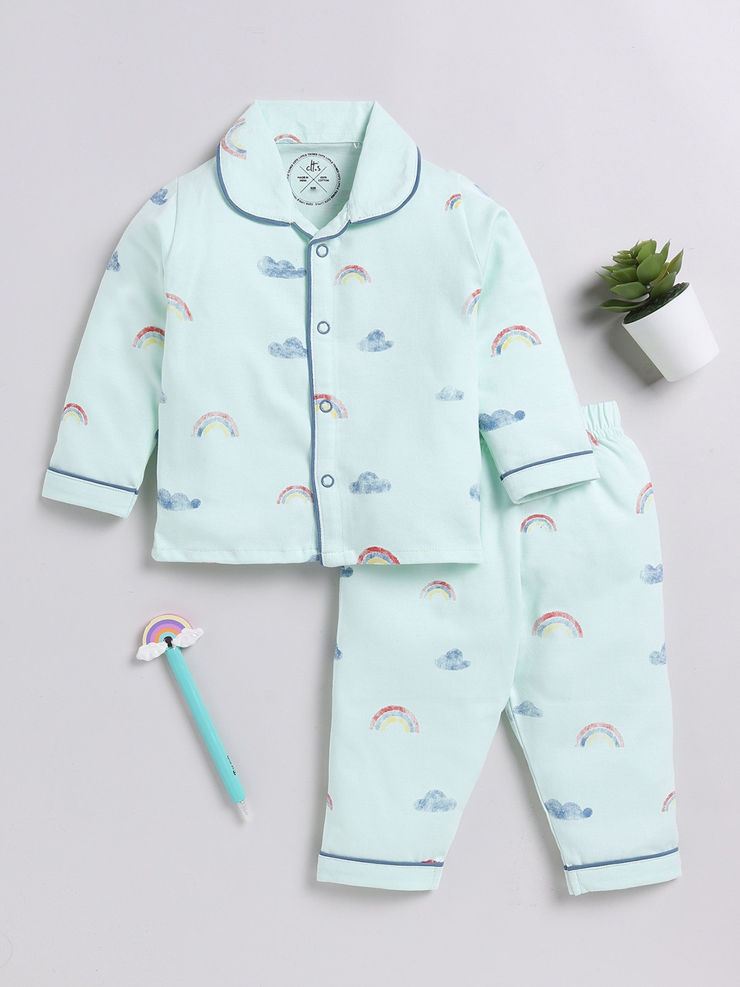 

Clt.s Kids Conversational Printed Pure Cotton Night Suit, Sea green