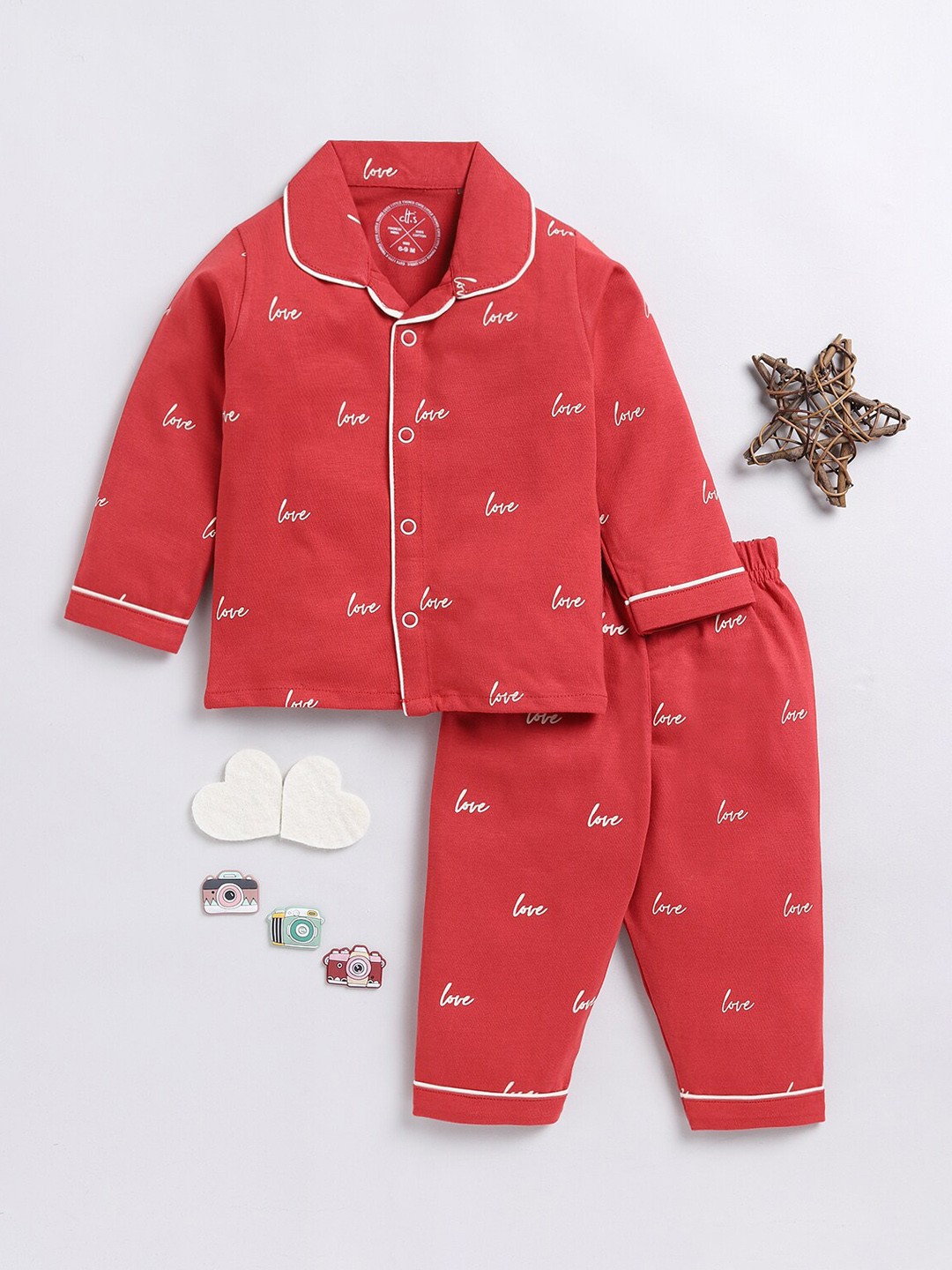 

Clt.s Infants Printed Cotton Shirt And Pyjamas Night Suit, Red