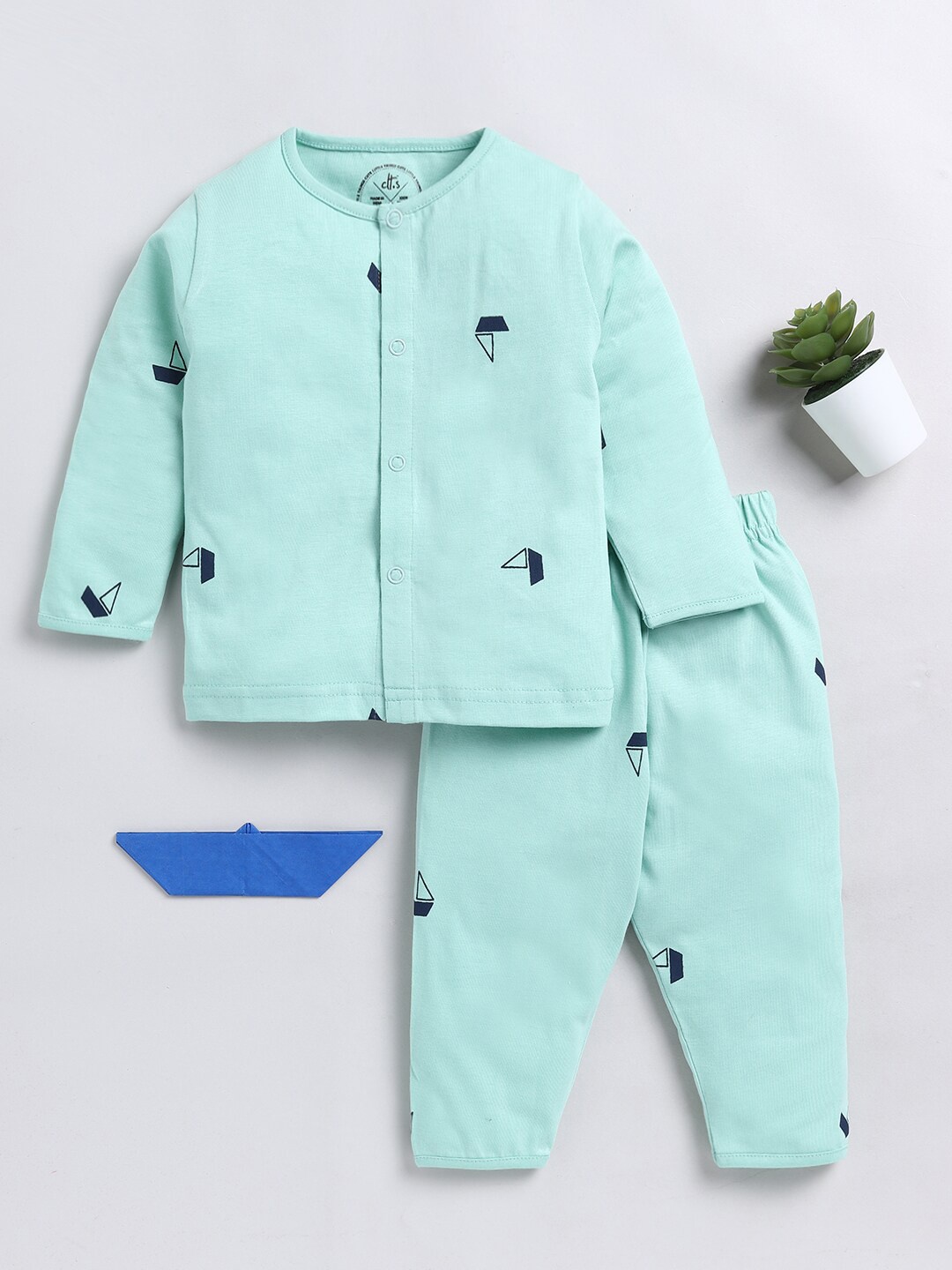 

Clt.s Infants Printed Cotton Shirt And Pyjamas Night Suit, Sea green