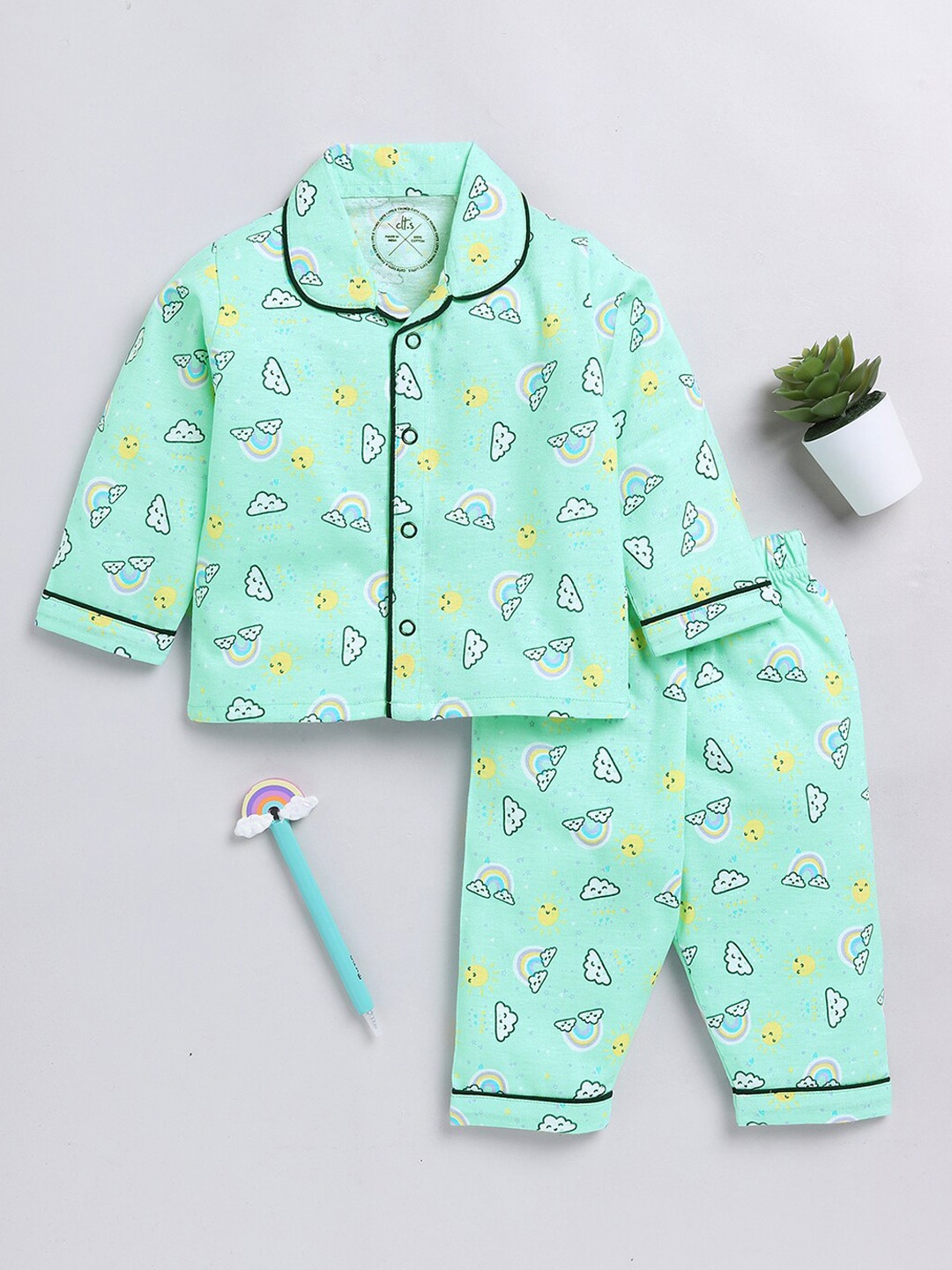 

Clt.s Kids Graphic Printed Pure Cotton Night Suit, Green