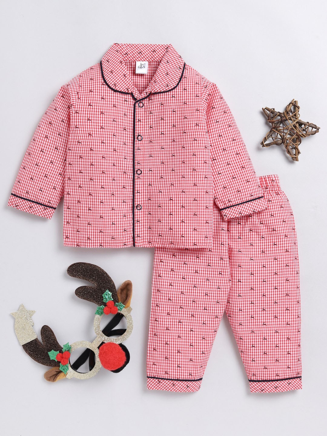 

Clt.s Infants Printed Cotton Shirt And Pyjamas Night Suit, Red