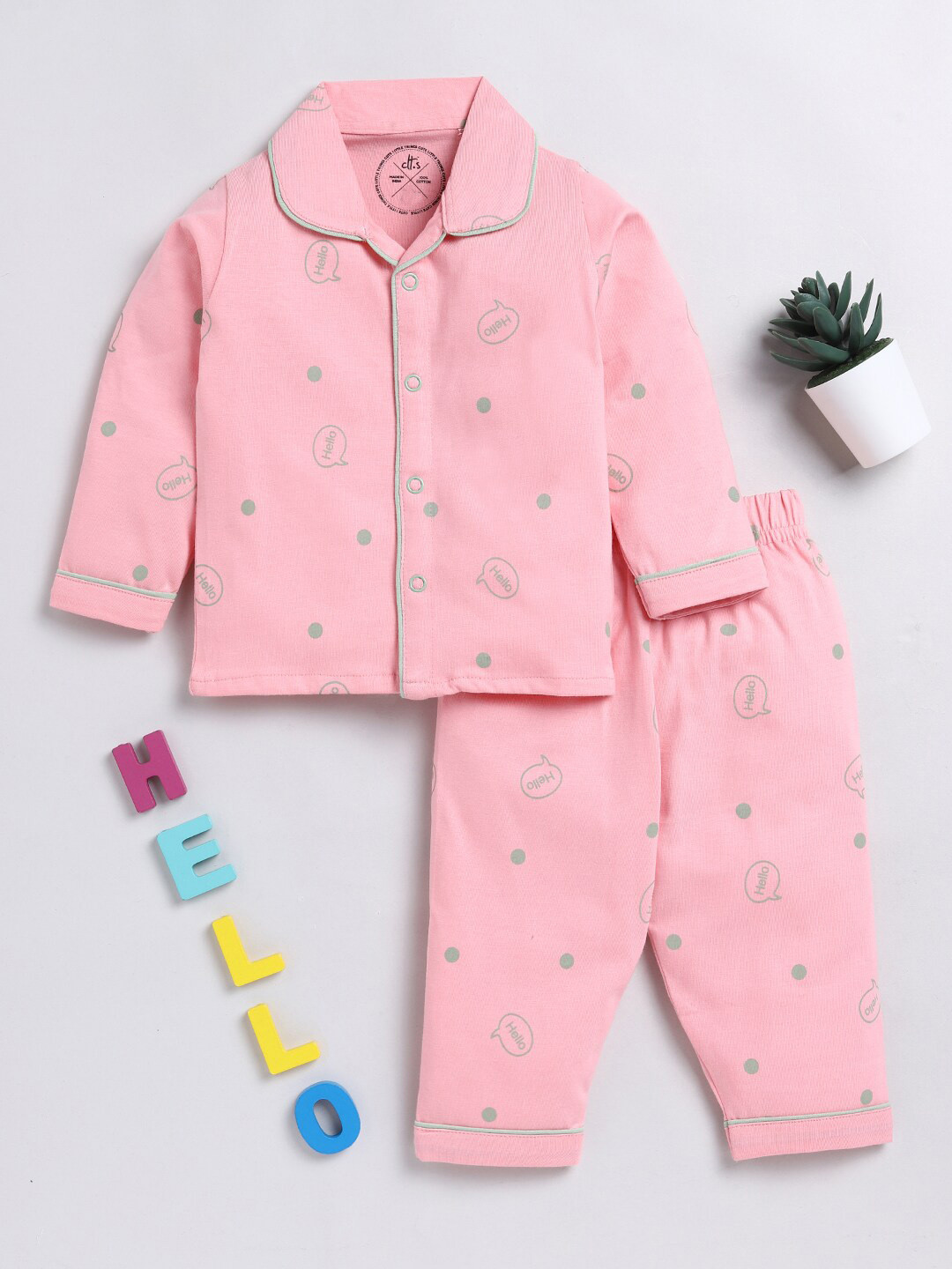 

Clt.s Kids Conversational Printed Pure Cotton Night Suit, Pink