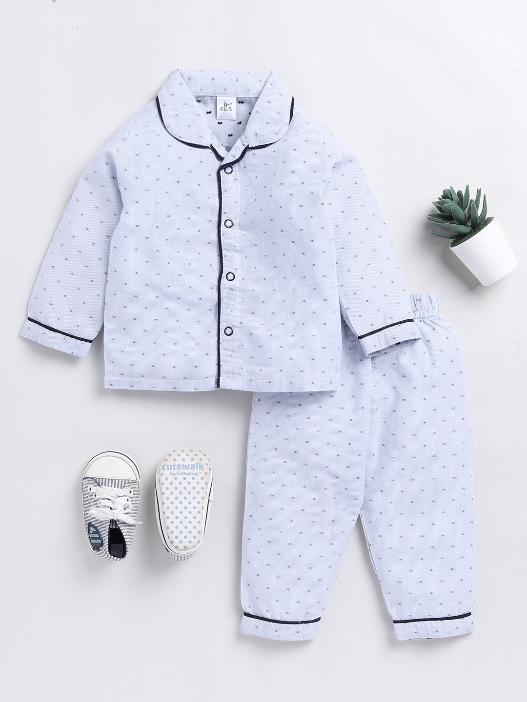 

Clt.s Kids Polka Dots Printed Pure Cotton Night Suit, Blue