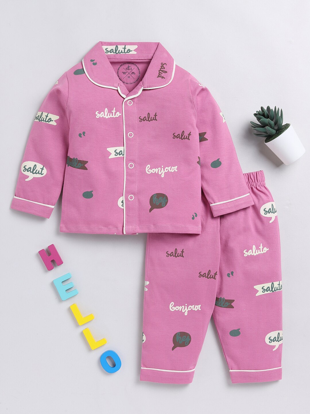 

Clt.s Kids Pure Cotton Printed Night Suit, Purple