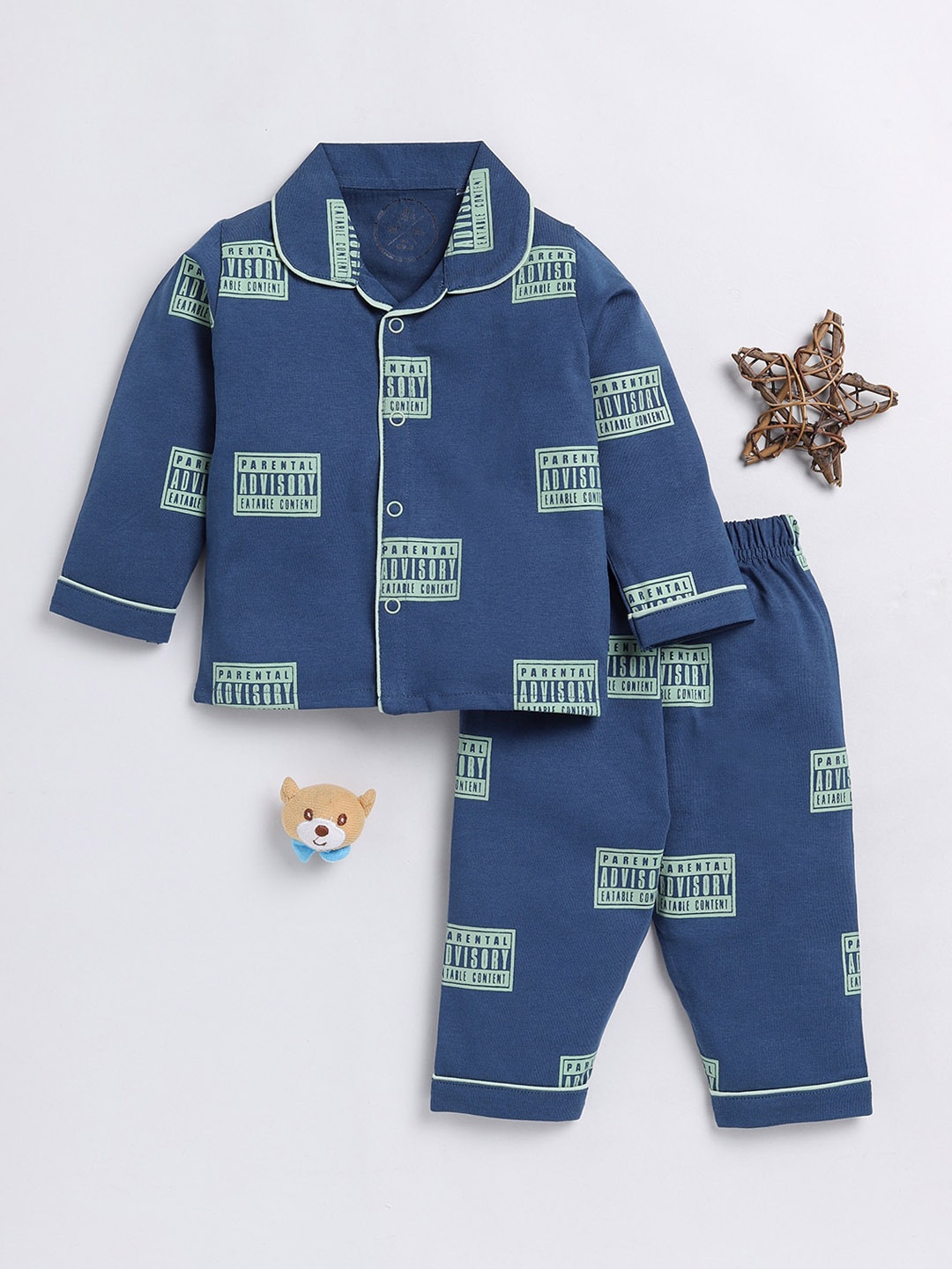 

Clt.s Infants Kids Typography Printed Pure Cotton Shirt With Pyjamas, Blue