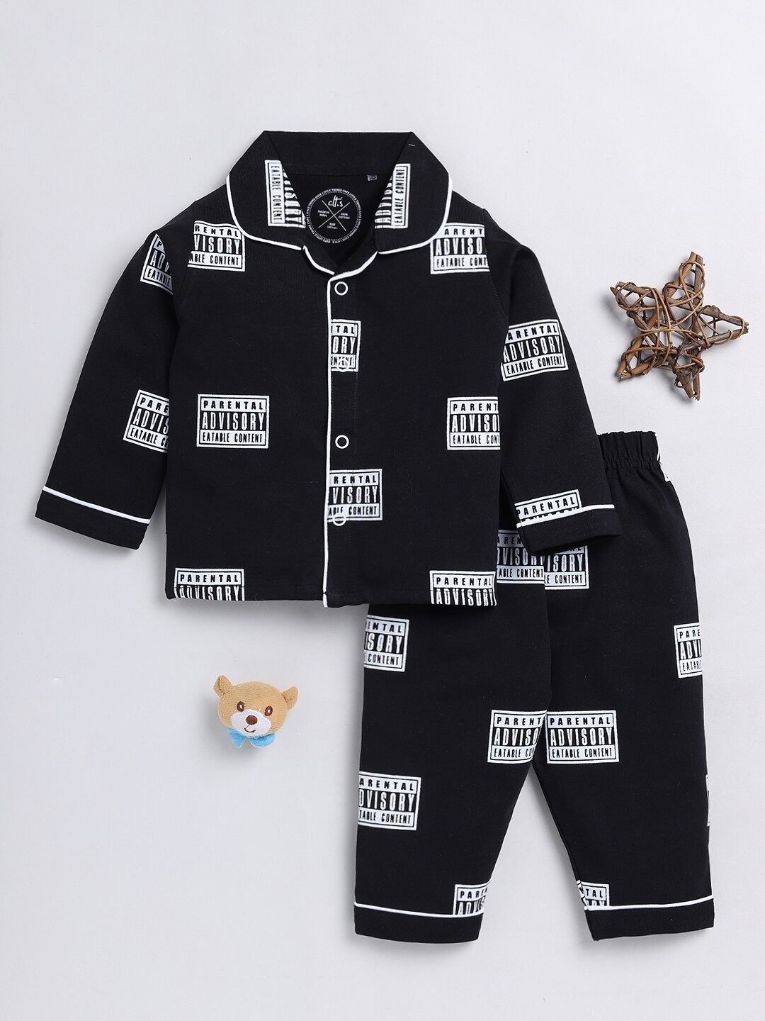 

Clt.s Kids Typography Printed Pure Cotton Night suit, Black