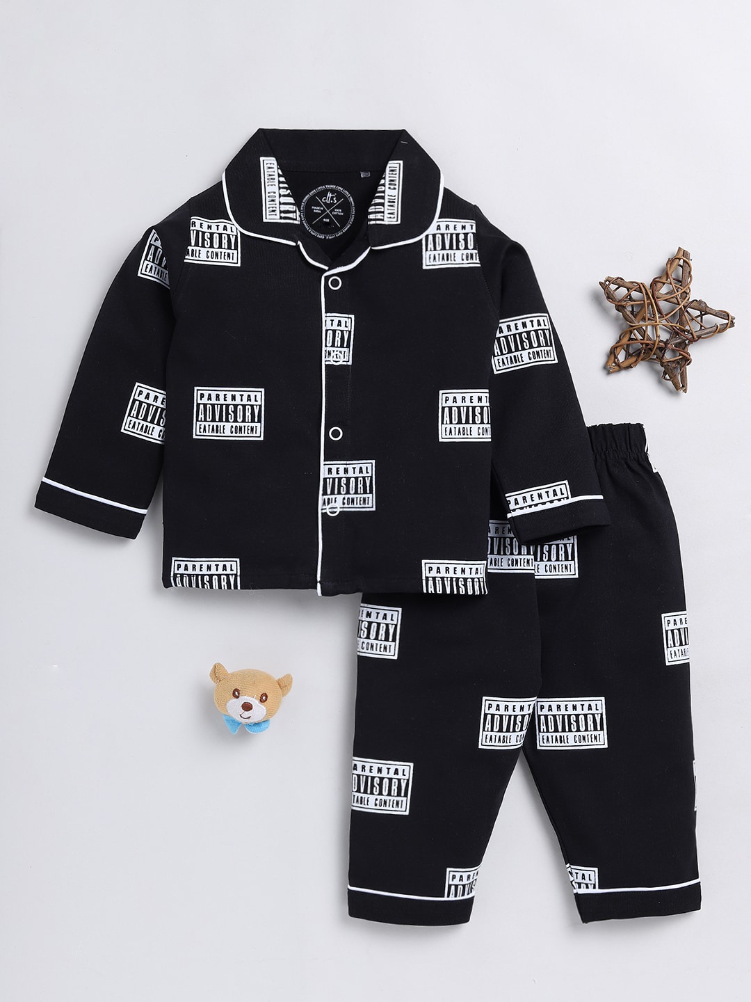 

Clt.s Unisex Kids Printed Pure Cotton Night suit, Black