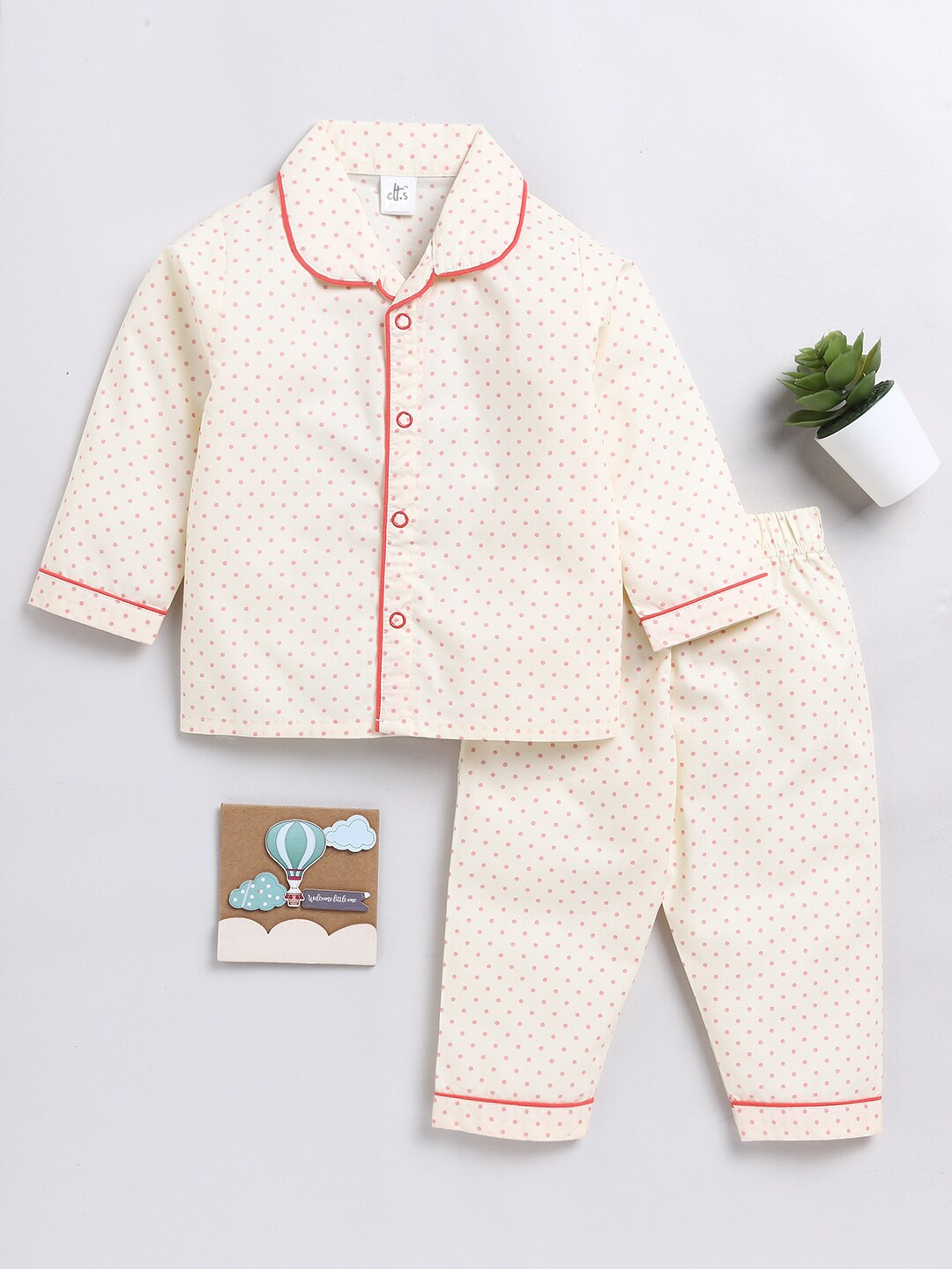 

Clt.s Kids Polka Dots Printed Pure Cotton Night suit, Cream