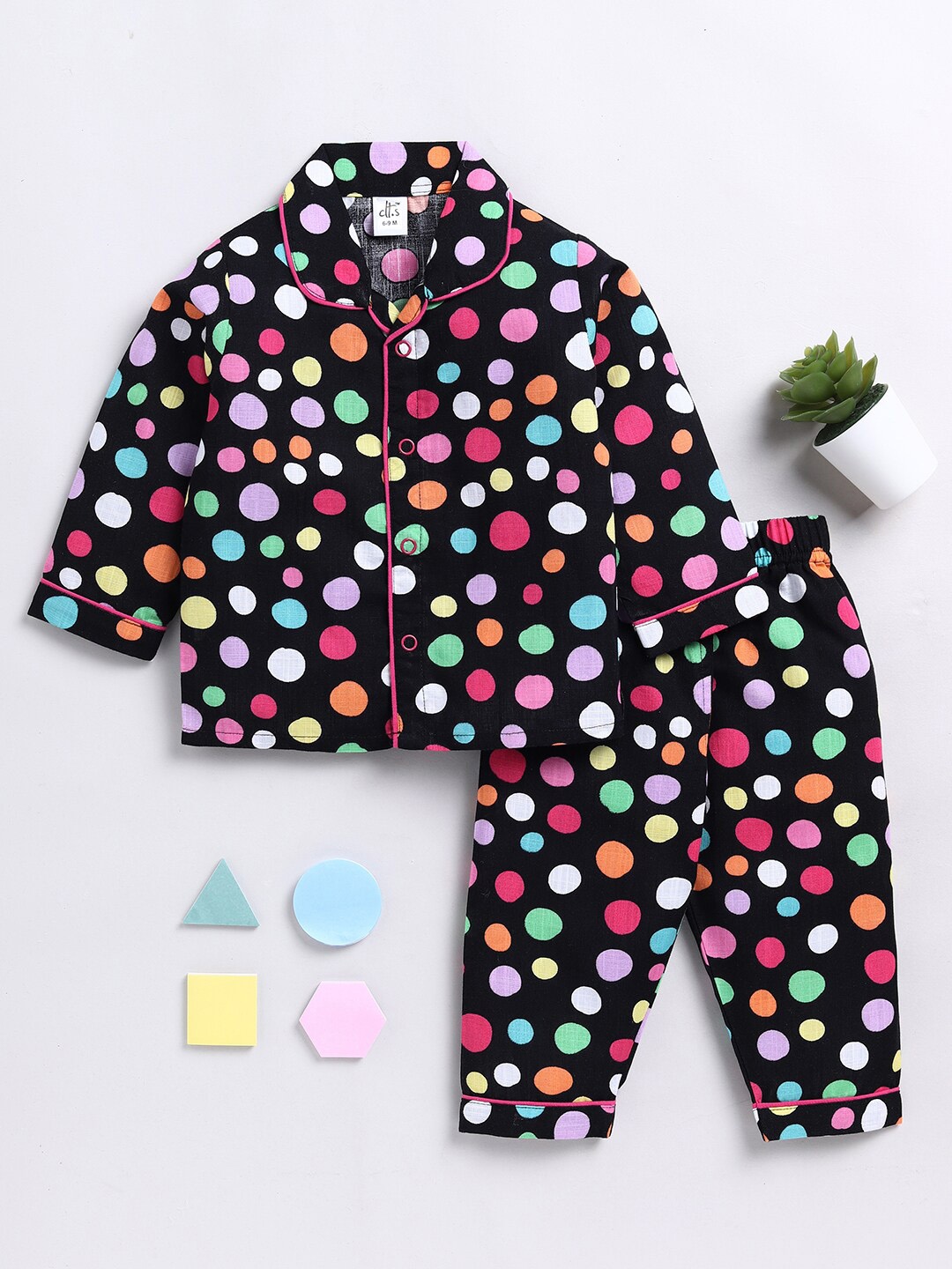 

Clt.s Kids Geometric Printed Pure Cotton Night suit, Black