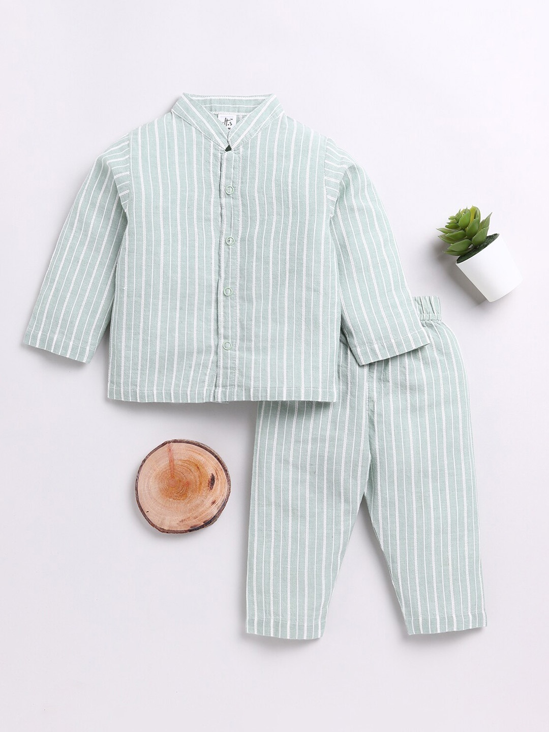 

Clt.s Infants Kids Striped Pure Cotton Shirt With Pyjamas, Green