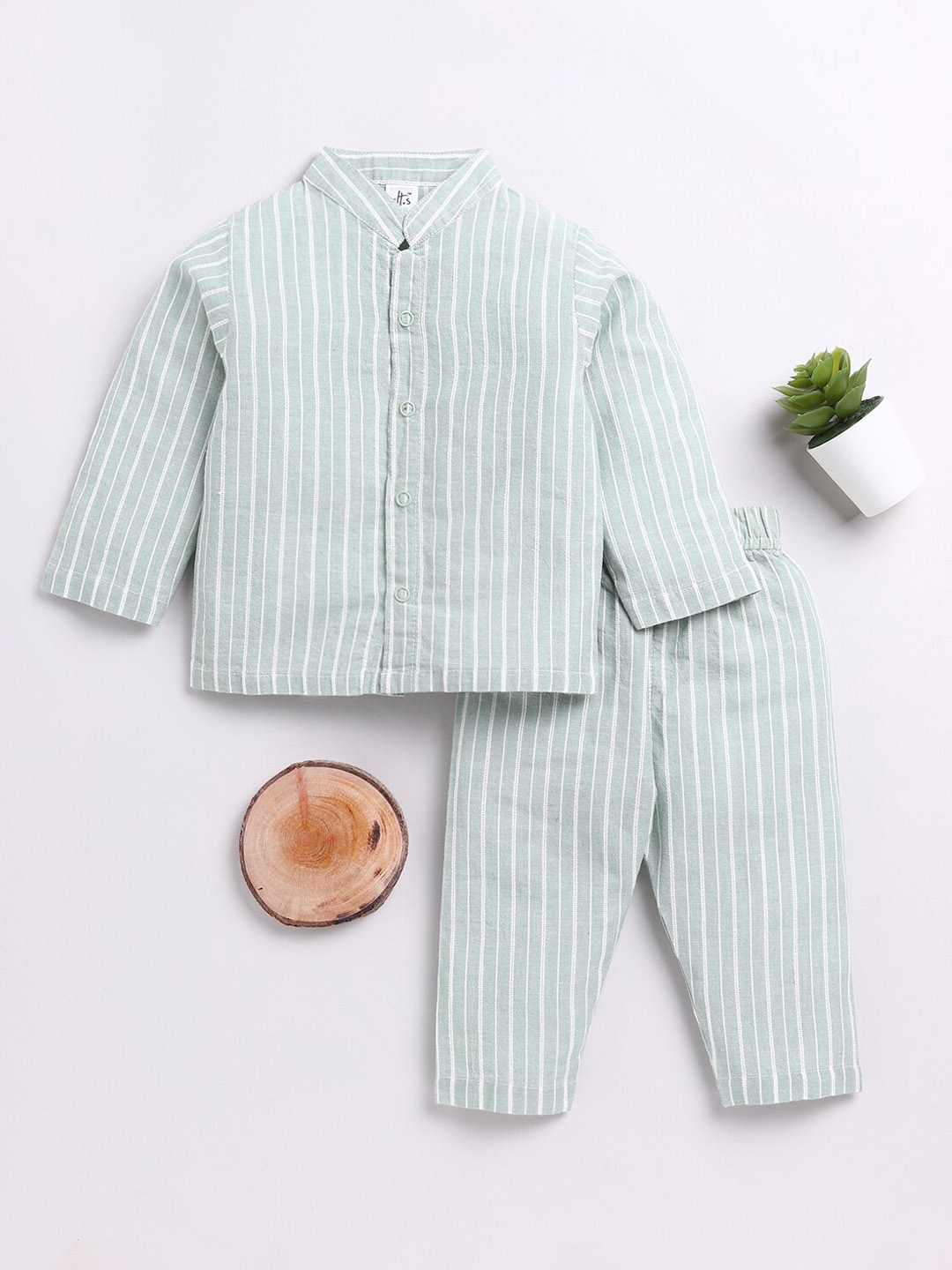 

Clt.s Unisex Kids Striped Pure Cotton Shirt & Trousers, Sea green