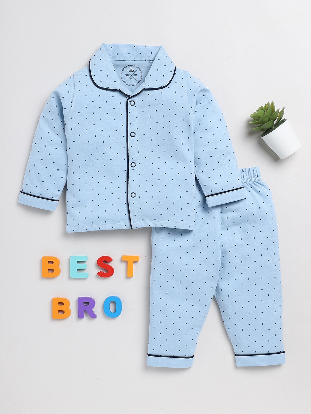 

Clt.s Infants Kids Polka Dots Printed Pure Cotton Night suit, Blue