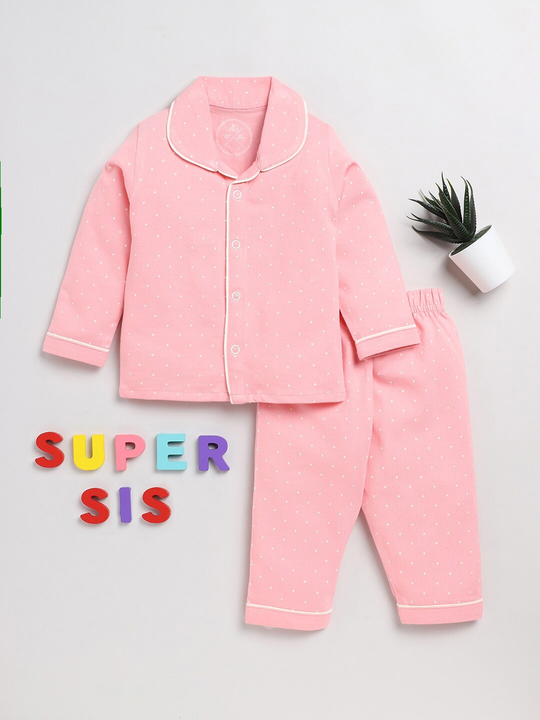 

Clt.s Unisex Kids Polka Dots Printed Night Suit, Pink