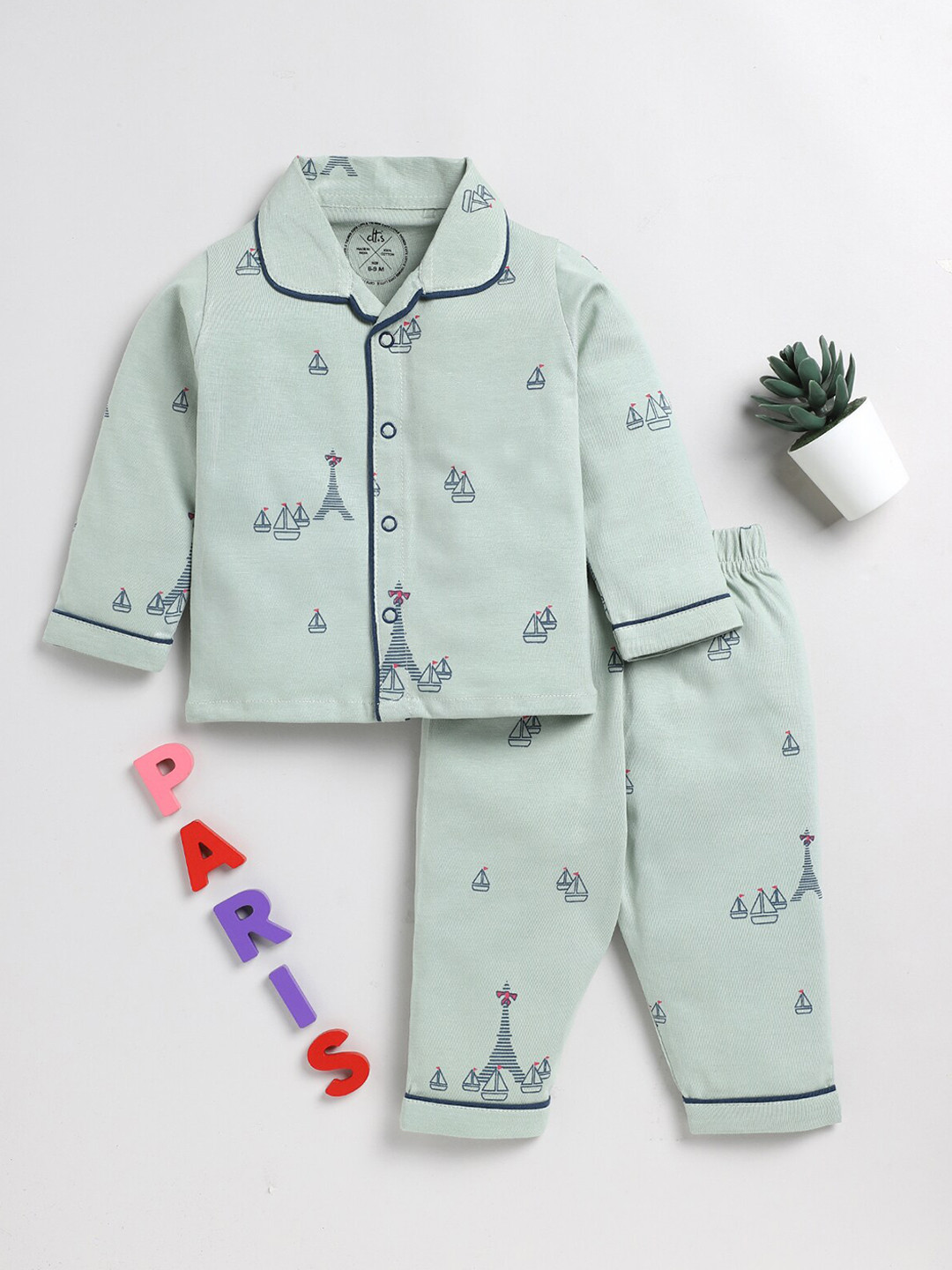 

Clt.s Infants Printed Cotton Shirt And Pyjamas Night Suit, Green