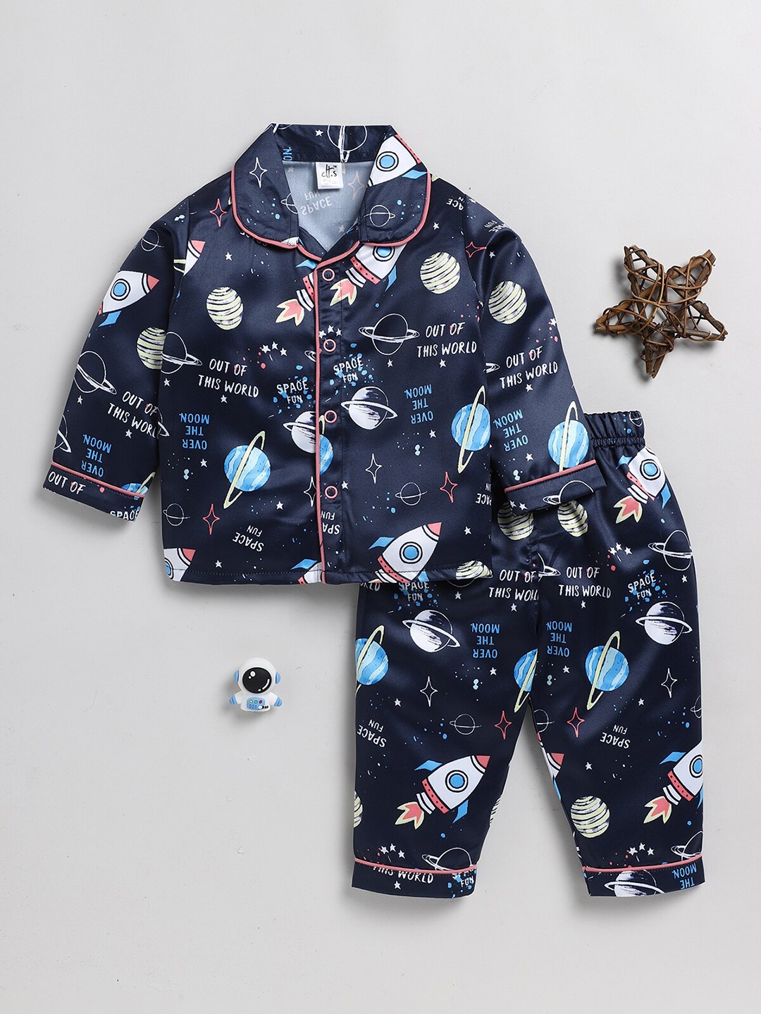 

Clt.s Kids Graphic Printed Satin Night Suit, Navy blue