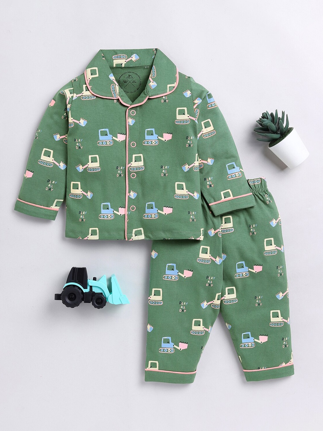 

Clt.s Infants Printed Cotton Shirt And Pyjamas Night Suit, Green